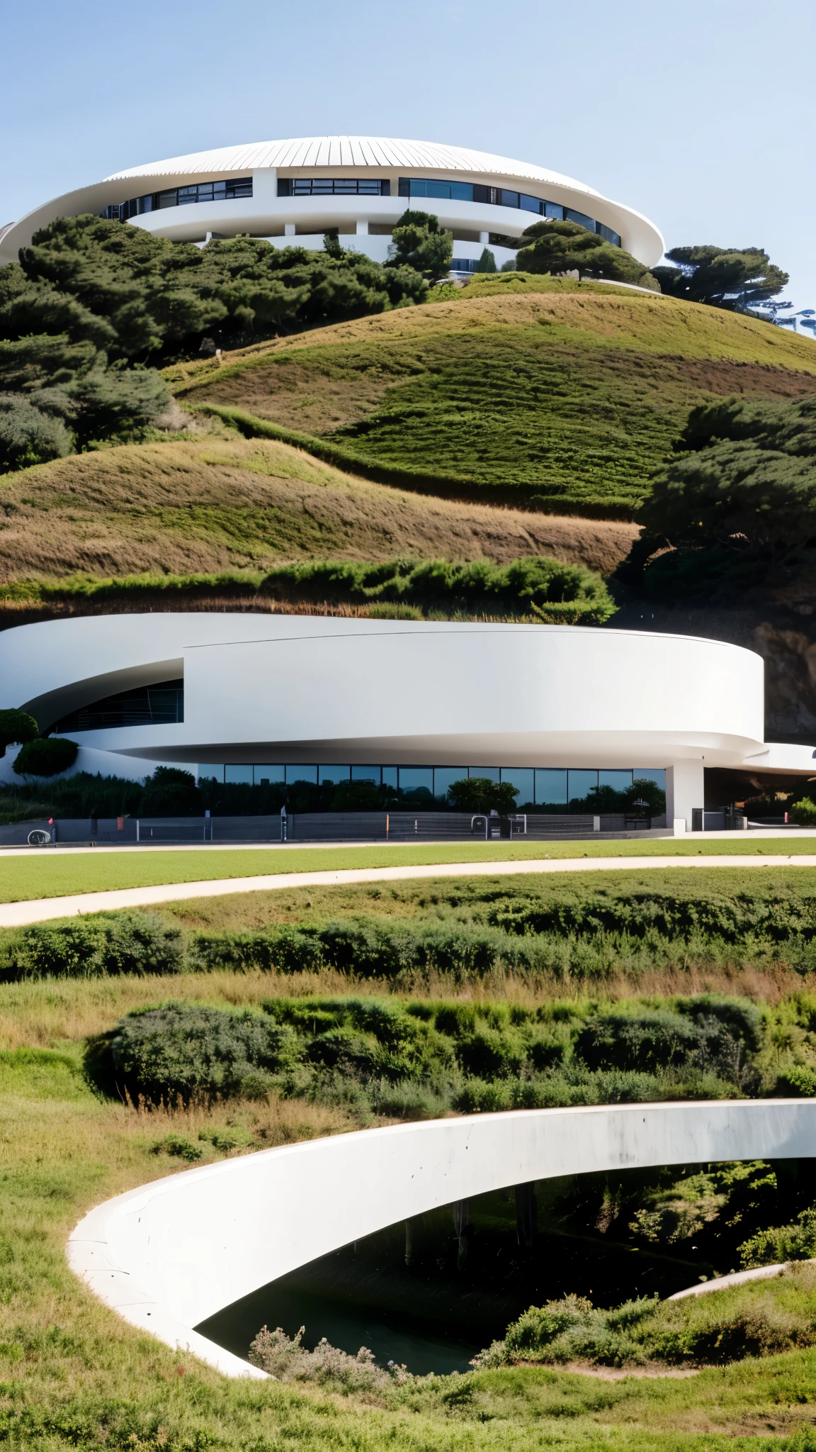 foto crua, (biomorphic museum building seen from outside), ((front elevation)), (blocos de terra), Curvilinear, bordas curvas, Mediterranean sea environment, white sky, (luz difusa:1.3) (areia Branca), estilo minimalista, particulas sujas, fotografia de arquitetura, hiper-realista, super detalhado, 8k, Nikon Z6 mirrorless camera, Film grain
