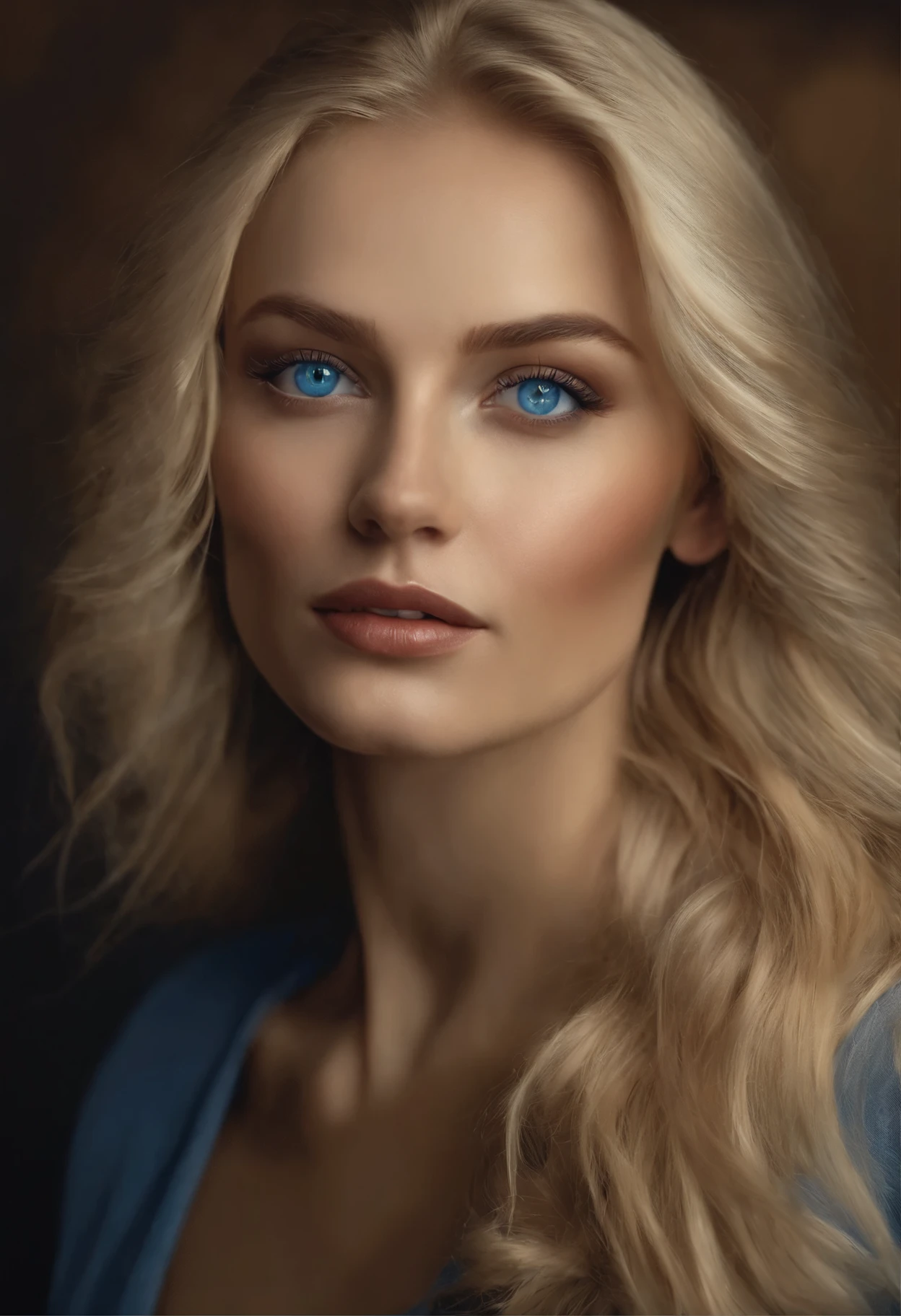 Hyperrealism: Polish woman, blonde hair, blue eyes. is happy. he has tears in his eyes. chocolate makeup.