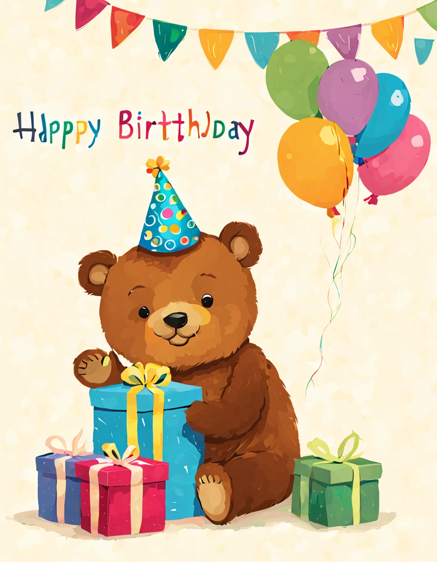 r4y, flatee, shadee, character, a cute happy teddy bear giving a present, sweet, birthday cake card, with a text that says happy birthday, party hat, smile 