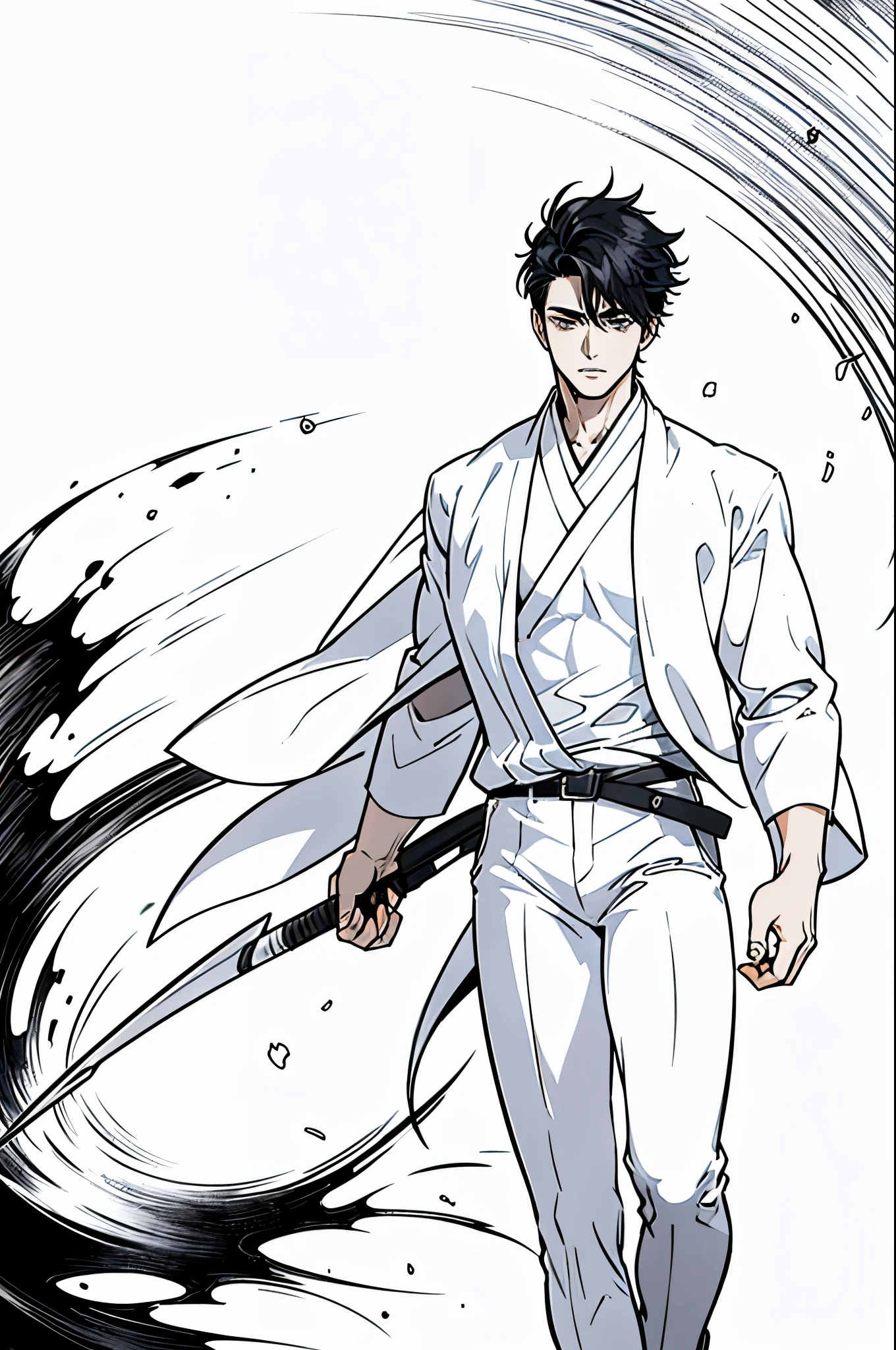 masterpiece, ultra detailed, 4K, 8K, 32K, intricate, (((1boy))), ((black hair)), ((no background)), white background, detailed eyes, white shirt and black pants, school uniform, handsome young man, 20 year old, (((same character))), dynamic pose, bokken, anatomically correct hands, holding bokken, average muscle mass, modern clothing, detailed clothes, (slender body), Hideaki Sorachi, Bleach, Tite Kubo, Kazuki Yone, (((stylish haircut)))