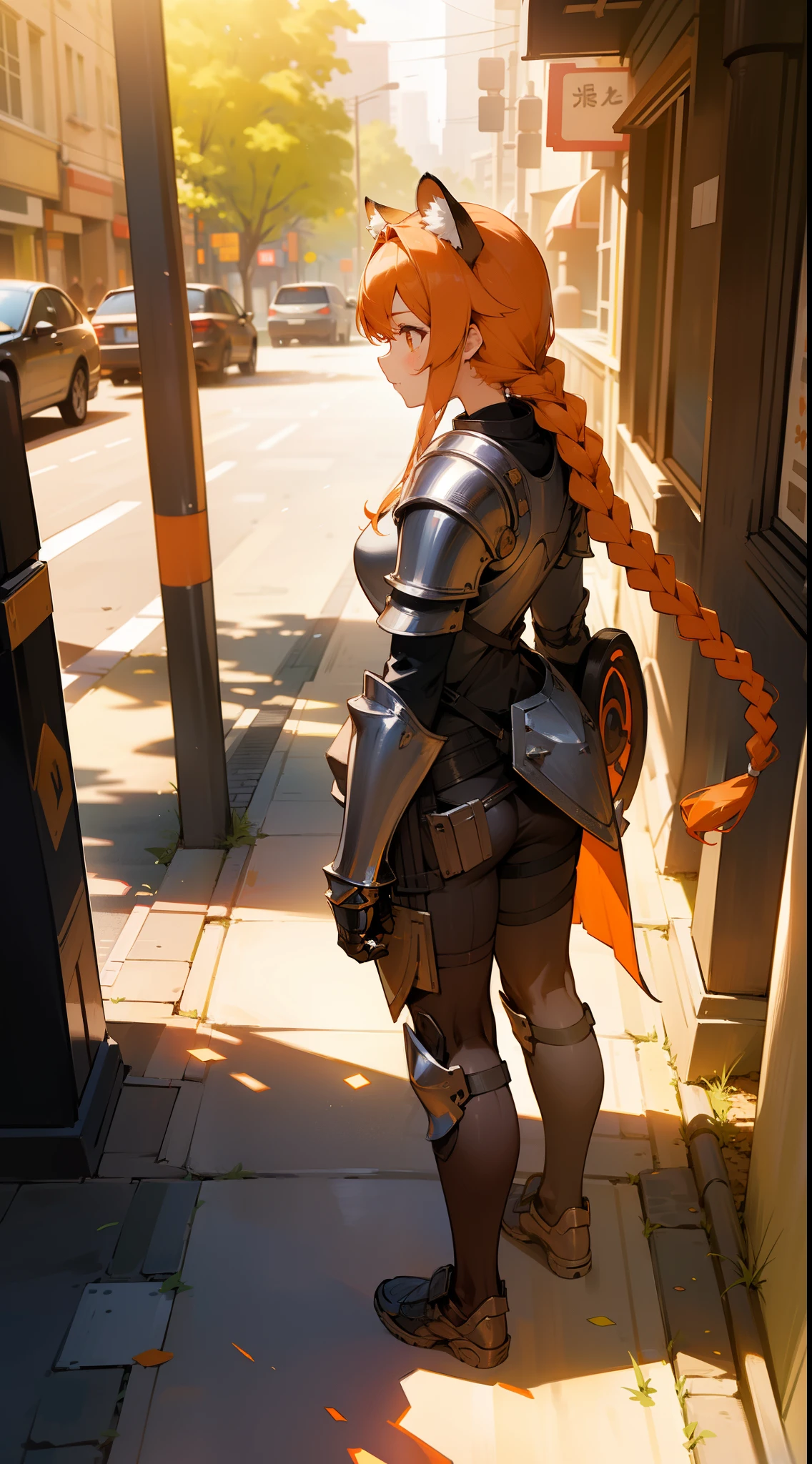 1girl,20 years old,mature female,tiger ears,long hair,(twin braids),orange hair,,orange eyes, silver templar knight armor,(standing in a sidewalk in a city),((several people in the background,day,sunlight)),surprised,standing,from back,