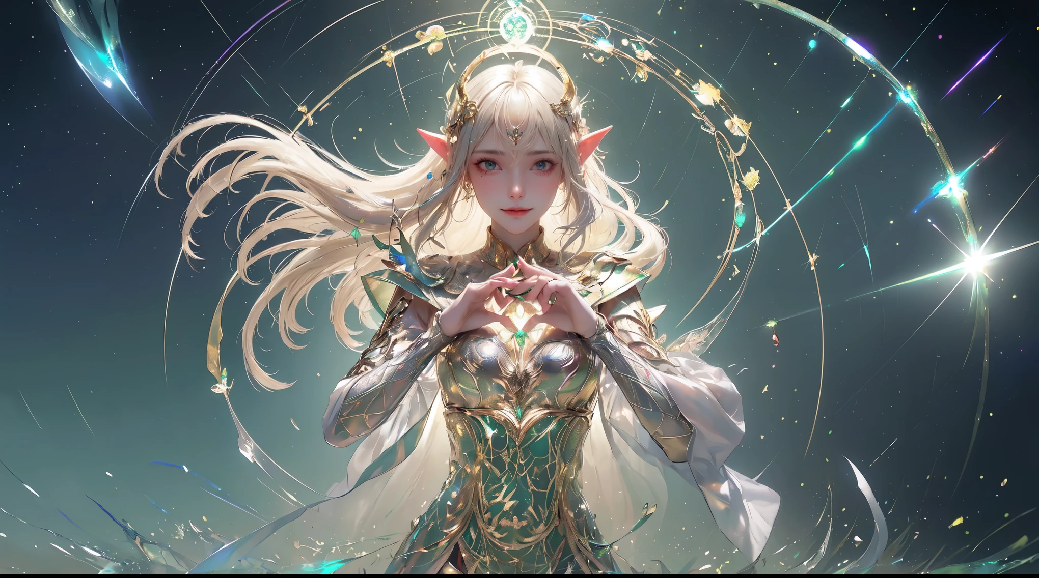 (((Masterpiece, highest quality, high definition, high detail)))), ((((Fantasy)))), one, (Elf woman)))), (short white skirt embroidered with gold), (Blonde long straight hair), (Fine dark green eyes)))), (Green cloak armor with gold embroidery)), Big, (Strong wind), (Cast spells)), (A lot of glowing grains are flying), ((( A vortex of light gathers in the hand))), (((Magic circle of light densely drawn with geometric patterns and magic letters in the background))), ((Many glowing green arrows are released)), forest, magic circle reflected in cloak