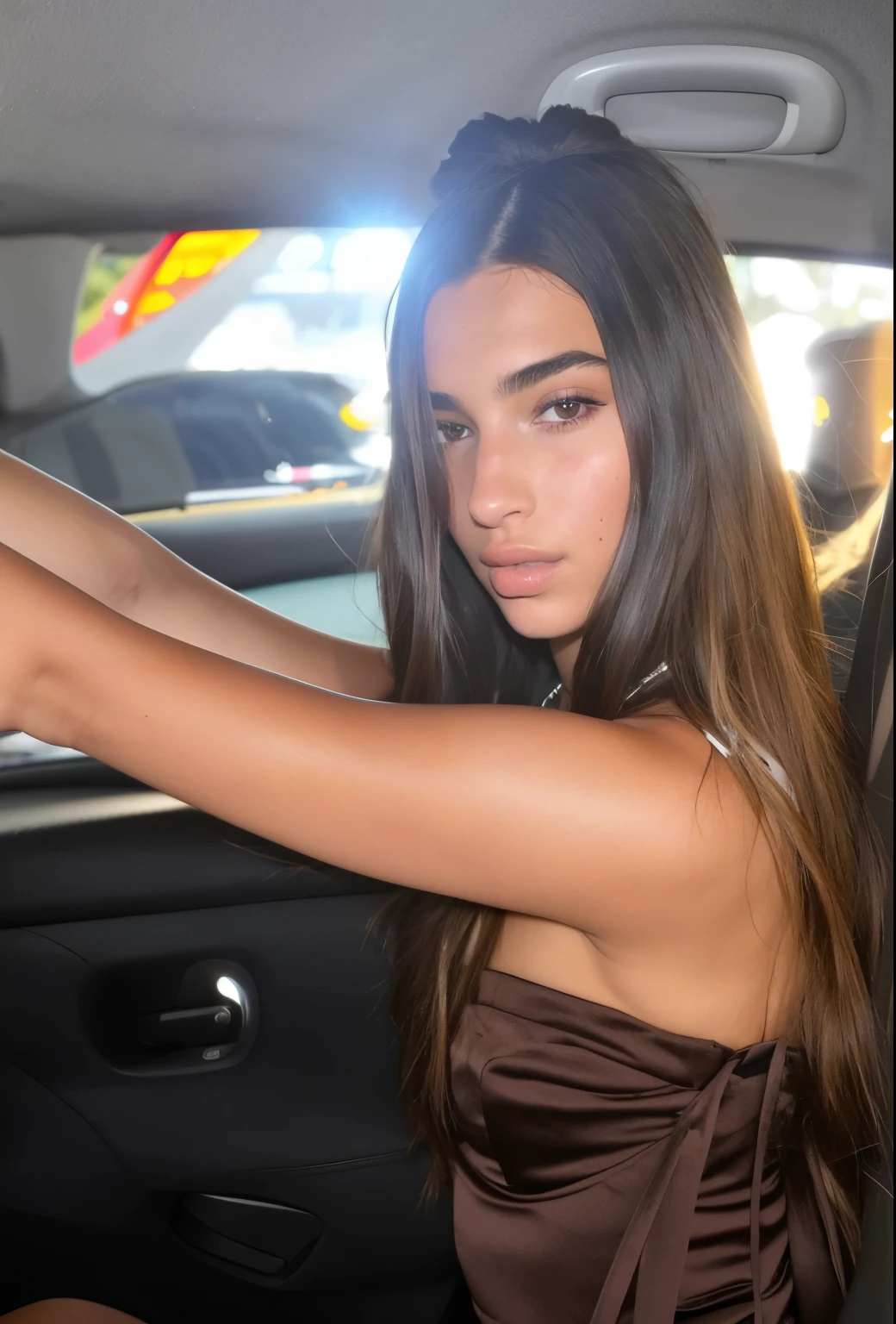 araffe woman in a car with a cell phone in her hand, dua lipa, emily ratajkowski, madison beer, instagram model, sitting in her car, portrait emily ratajkowski, soft devil queen madison beer, kendall jenner, 18 years old, julia sarda, 1 8 yo, olivia de bernardinis, sexy look, gorgeous lady