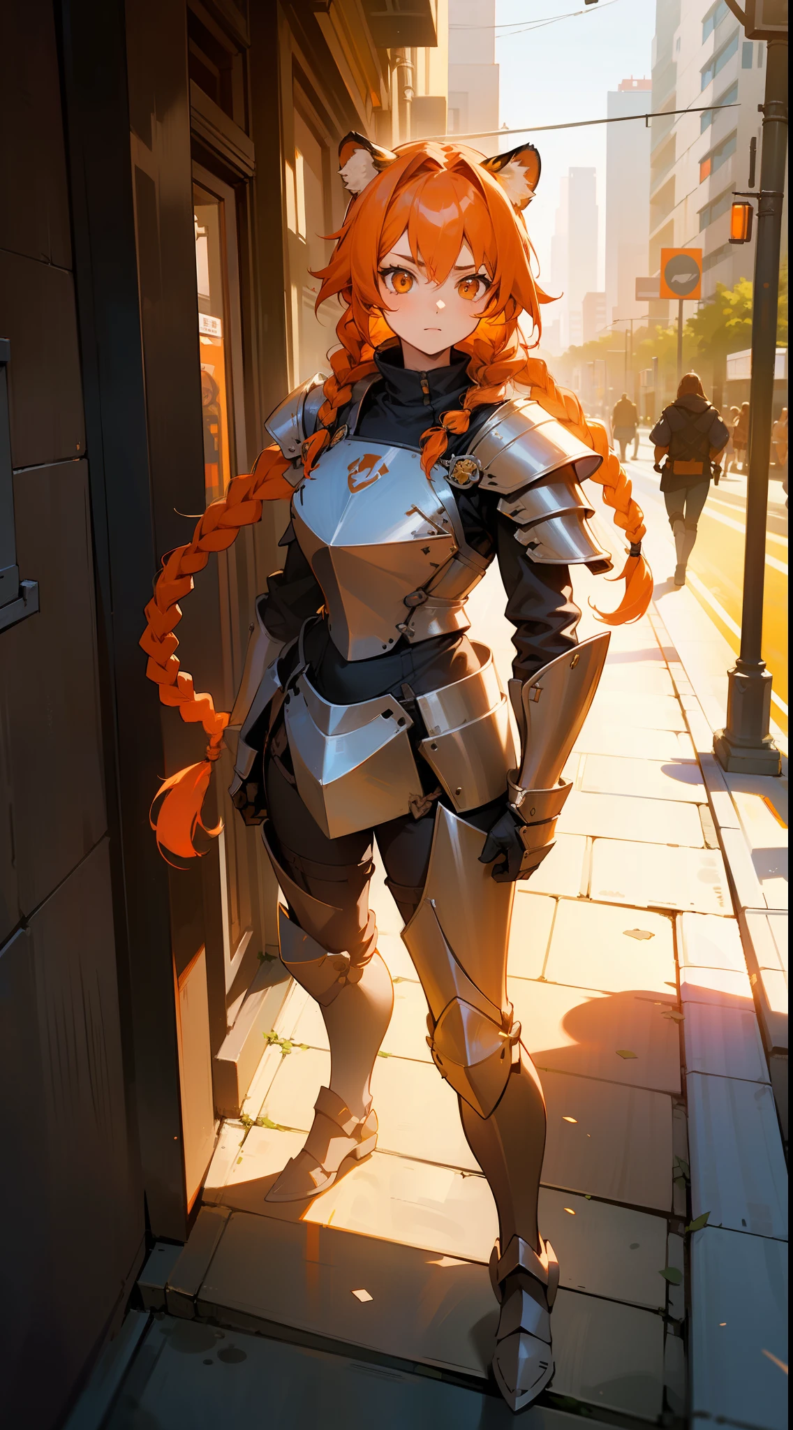 1girl,20 years old,mature female,tiger ears,long hair,(twin braids),orange hair,,orange eyes, silver templar knight armor,(standing in a sidewalk in a city),((several people in the background,day,sunlight)),surprised,portrait