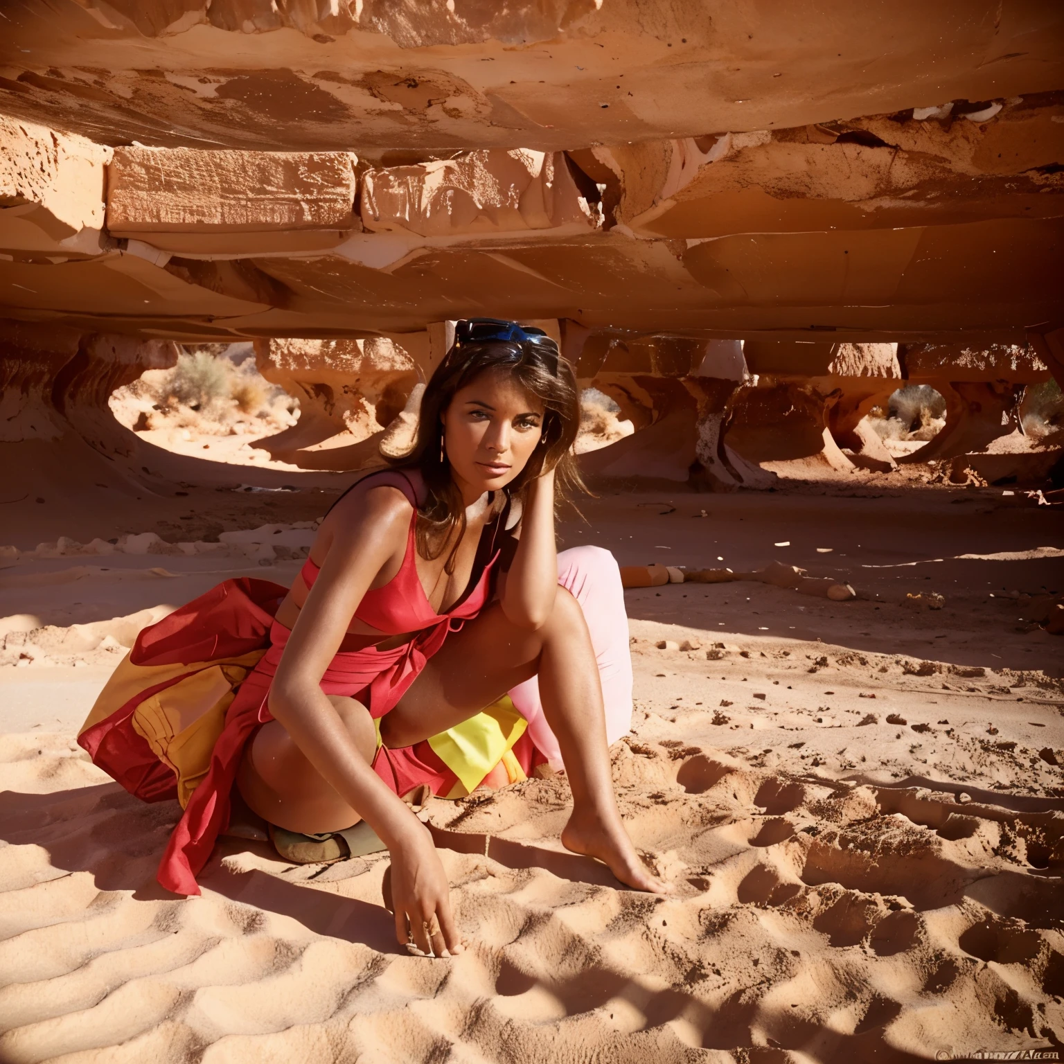 35mm candid shot of a gorgeous woman in an oasis in the middle of the desert. Shot on Kodak Aerochrome --ar 2:3 --style raw