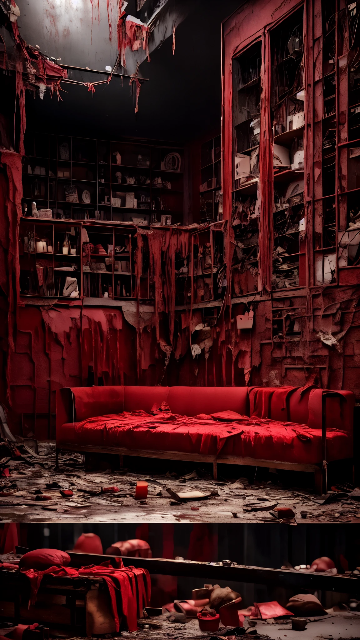 Las formas se deforman, se desintegran, como si la realidad misma se hubiera quebrado bajo el peso del horror. The monochromatic palette, acentuada por destellos de rojo sangre, intensifica la crudeza de la escena, creating an atmosphere of tragedy and desolation.