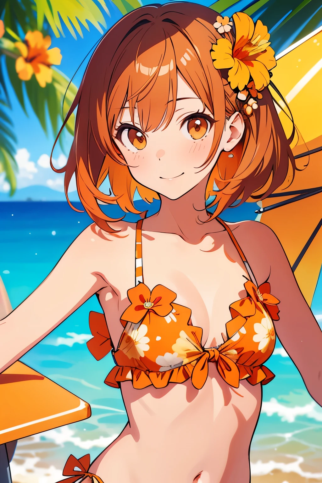 (Best Quality,masutepiece:1.2),(Anime style,Comic Core:1.1),1girl in,cute-style,Adorable,extremely detailed eye,extra detailed face,very detail hair,About Hipder,8K,resolution,Cute Girl Girl,Tropical bathingsuit,Orange flower in hair,Fluffy brown hair