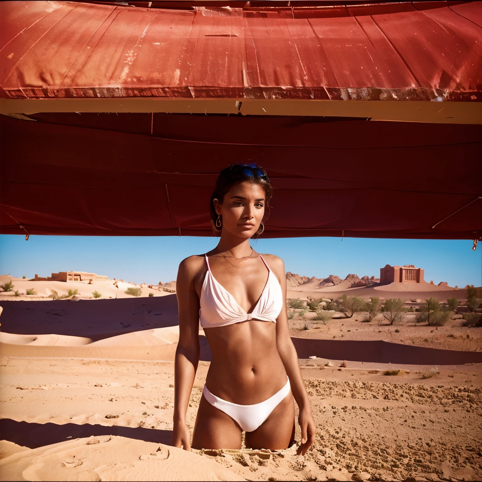 35mm candid shot of a gorgeous woman in an oasis in the middle of the desert. Shot on Kodak Aerochrome --ar 2:3 --style raw