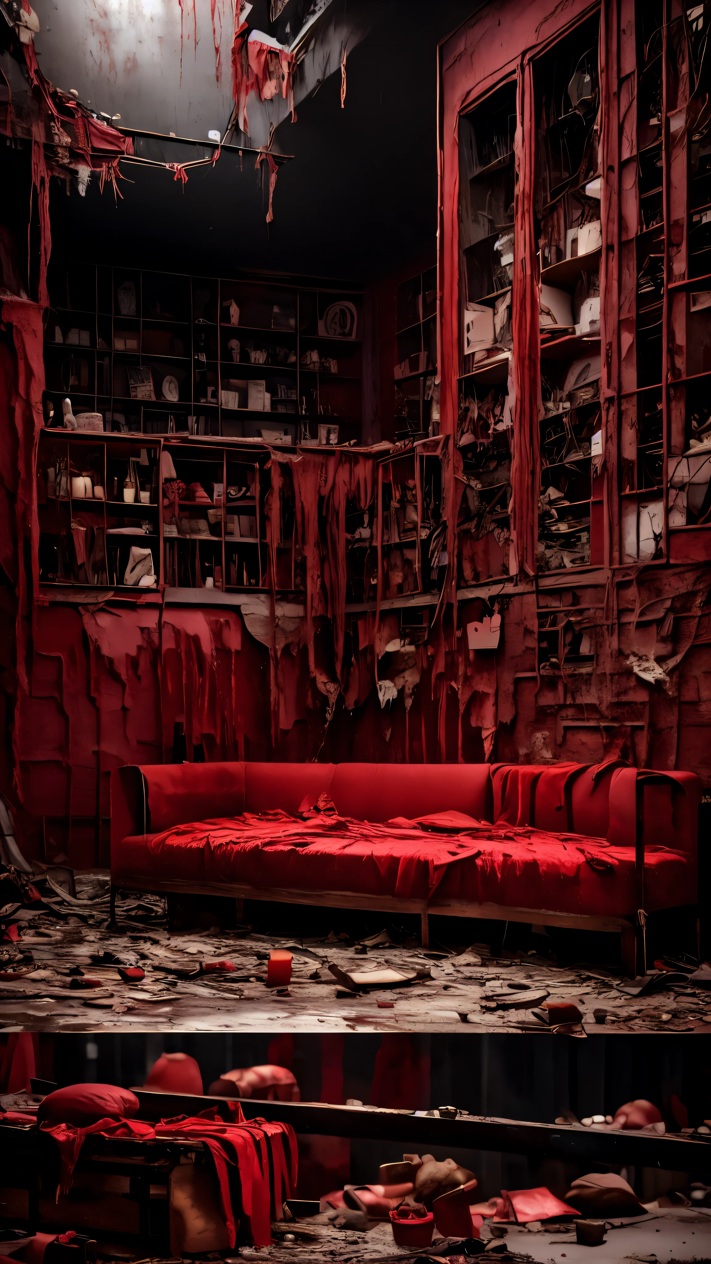 Las formas se deforman, se desintegran, como si la realidad misma se hubiera quebrado bajo el peso del horror. The monochromatic palette, acentuada por destellos de rojo sangre, intensifica la crudeza de la escena, creating an atmosphere of tragedy and desolation.