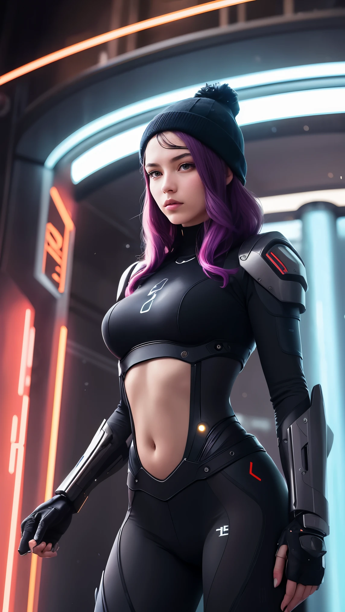 alta calidad, 8k ultra high definition, cuerpo completo, have a cybernetic saber, a fascinating 20-year-old woman with a futuristic beauty that seems to transcend time and space, intrincadamente entretejido en su mismo ser, Locked in the cyber suit, move with fluidity and precision, Her loose hair resembles rays of neon lights., proyectando un brillo vibrante que agrega un toque de brillo ciberpunk a su apariencia., Each strand of hair is meticulously crafted with holographic patterns that shine and change., creating a display of ever-changing colors, por yukisakura, muy detallado,