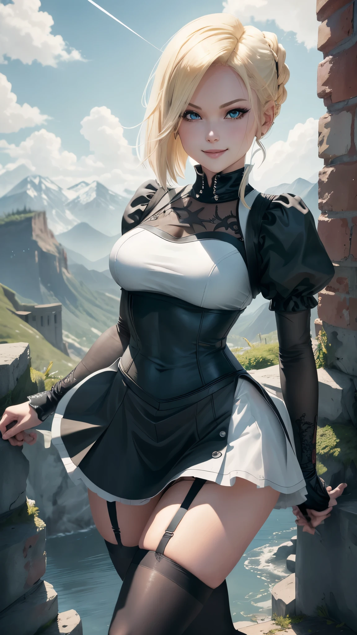 (La mejor calidad,A high resolution,Ultra - detallado,actual),2b nier automata,perfect hands,perfect fingers), (large boobs:1.2,smile),(mature female:1.4),(gloves :1.4), cowboy shot,thicc,cleavage, (patch :1.4) 
2b, short hair,(skirt lifted by itself: 1.1), (skirt lift: 1.3), (showing white panties: 1.3), ((gradient hair)), (mascara) , (fashion make up), parted lips, hairband, thighhighs, black hairband, mole under mouth, puffy sleeves, long sleeves, blindfold, black thighhighs, black blindfold, juliet sleeves, thighs, leotard, boots, feather-trimmed sleeves
((park, fountain, leaves in the air, wall, autumn, trees)),((super detailed background)), dynamic poses, ((8k wallpaper)),,(Fondo de ruinas de mazmorra en ruinas piedras grandes cueva caverna :1.4 ),(2b nier automata:1.4), (2b nier autómata V2.1), (anatomía perfecta detallado :1.4), (iluminación cinematográfica :1.4), (colores brillantes), ,(Fondo de ruinas de mazmorra en ruinas:1.4 )