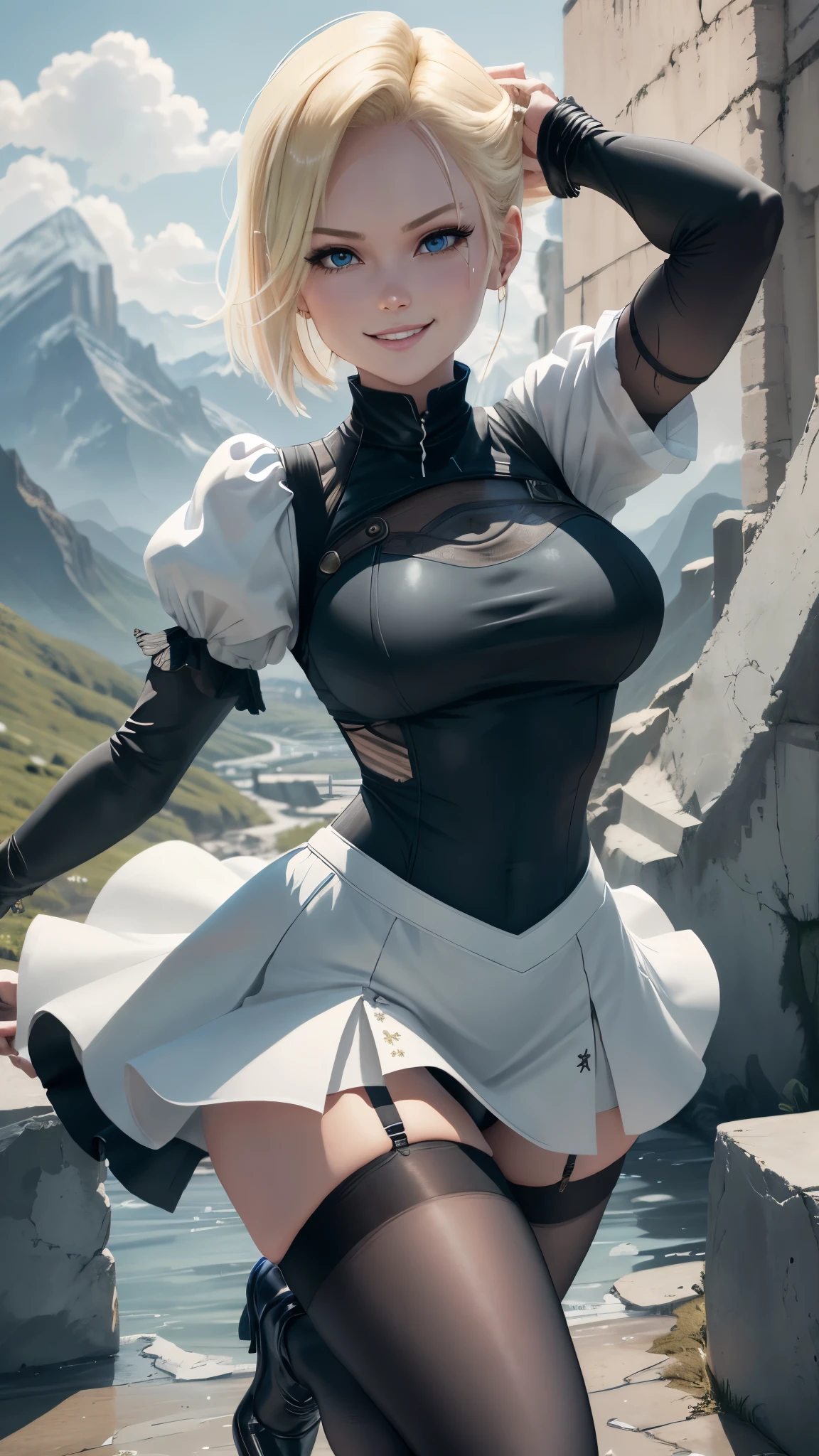 best quality, highres, and18, 1girl, android 18, solo girl, 1girl, blonde hair, blue eyes, yorha 2b costume, gothic-style short dress with a flared skirt, long puffy sleeves, white leotard, embroidery on the hem of skirt, black thigh high heels, black stockings, medium breasts, cowboy shot, mountains, straight-on, (weather: windy), wet body, sexy smile, combat stance, garter belt, battle ruins, wide hips, thick legs, hair band, long katana sword,