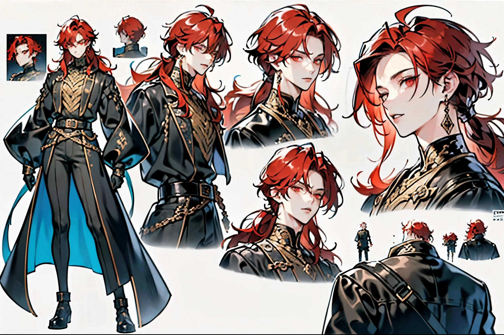 ((Masterpiece, Highest quality)), Male, boy, Detailed face, character design sheet，full body esbian, Full of details, frontal body view, back body view, Highly detailed, Depth, ((((dramatic))), (((gritty))), (((intense))) 1 boy, solo, peach hair, light red-haired guy, straight hair, flowing straight hair, red eyes, shirt, high boots, dark clothing, dark clothes, Scandinavia theme, Scandinavian clothes, looking at viewer, fantasy art, beautiful painting, guwaika style, epic exquisite character art, stunning characters, man, lean (reference sheet:1.5)