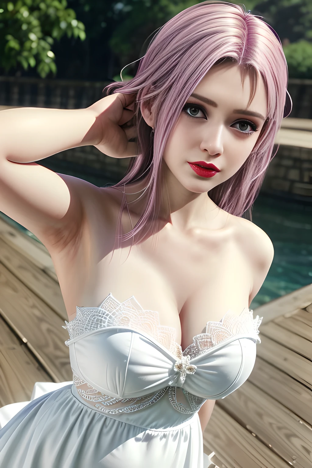 1 girl,Alice,(pajamas),(White strapless dress:1.4),outdoor, (standing posture),grace,(((red lips))), Lips slightly open, clavicle,Lactation,(huge breasts),shiny skin,((8k, original photo, top quality, masterpiece), HD RAW color photos professional close-up photos, (actual, photorealism: 1.37), (best quality),8k,Fabric luster,alone,