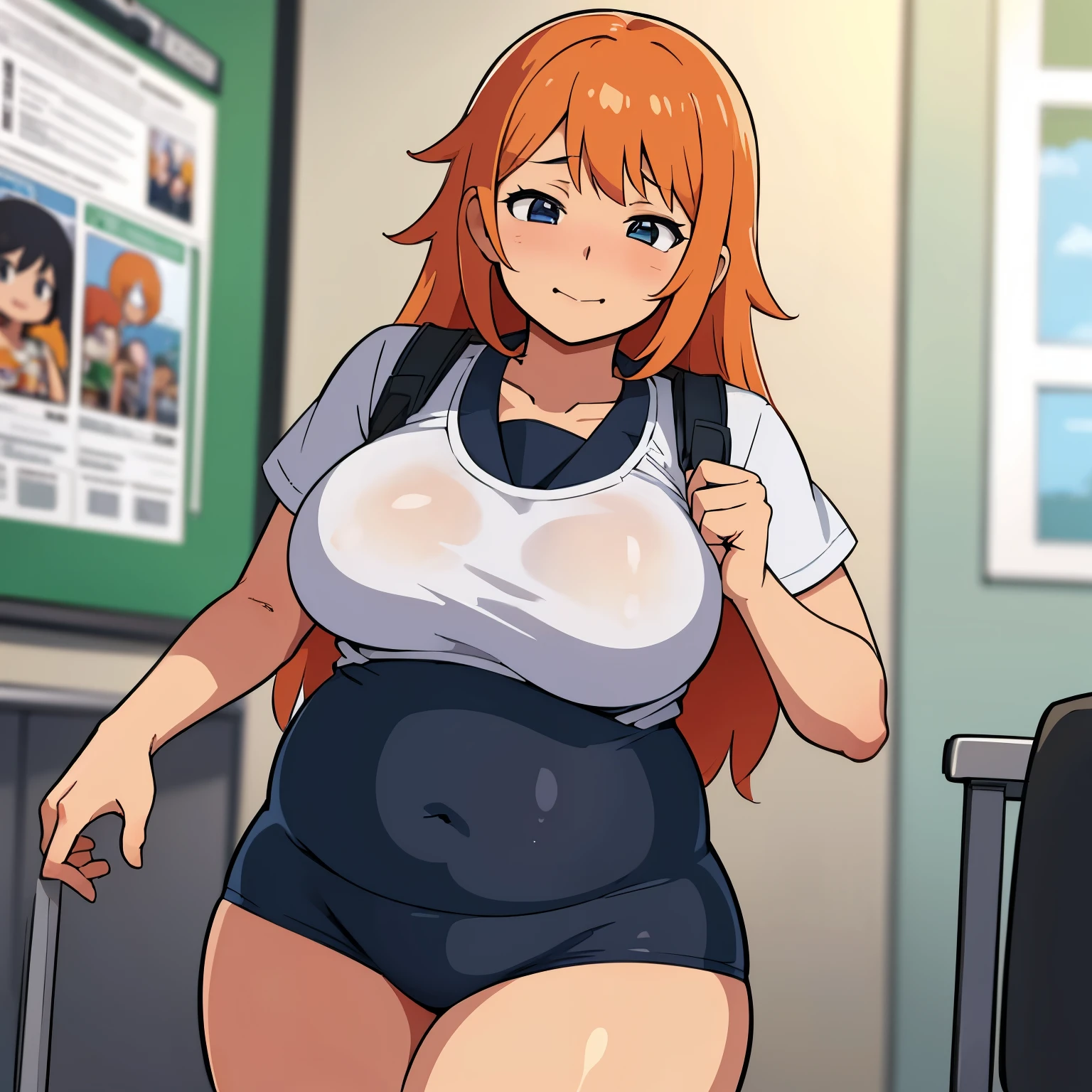 Obra maestra, ultra alta calidad, Anime illustration of a chubby, obese girl with orange hair wearing a very tight uniform and is in a classroom