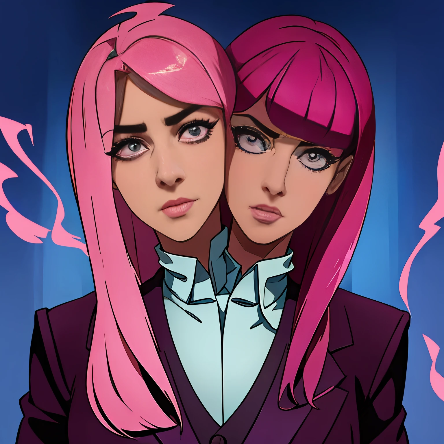 (2heads), conjoined dicephalus,male people、Beautiful skin、long eyelashes、Glaring at me、Pink hair、length hair、bewitching、The shirt、neck tie、Beautiful suit、long limbs、Wolfcut、smoking tobacco、murky、long bangs、Bangs flowing to the left、Thin and beautiful eyebrows