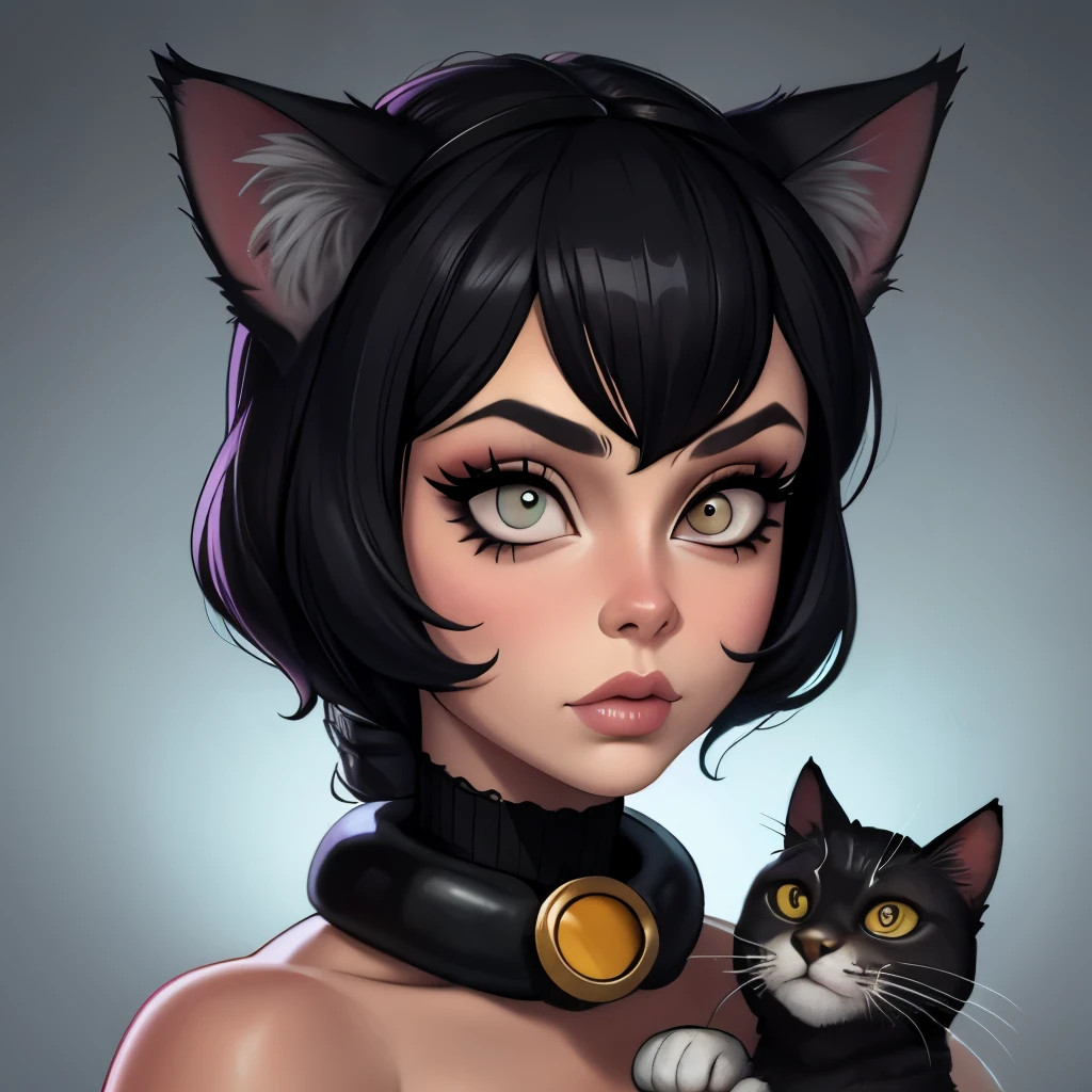 a close up of a person holding a cat, adorable digital painting, margaret keane style, cat portrait painting, elokitty, woman and cat, emo girl and her cat, digital art animal photo, loba andrade from apex legends, kawaii realistic portrait, photorealistick, digital cartoon painting art, digital art cartoon, photorealistoc, ai assisted digital painting