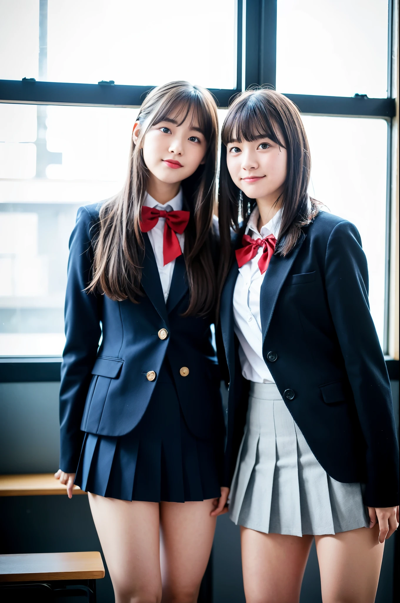 2 girls standing in classroom near window,navy blue blazer,red bow tie,navy blue pleated skirt,over-the-knee socks,18-year-old,bangs,a little smile,thighs,knees,straight hair with barrette,from below,front-light