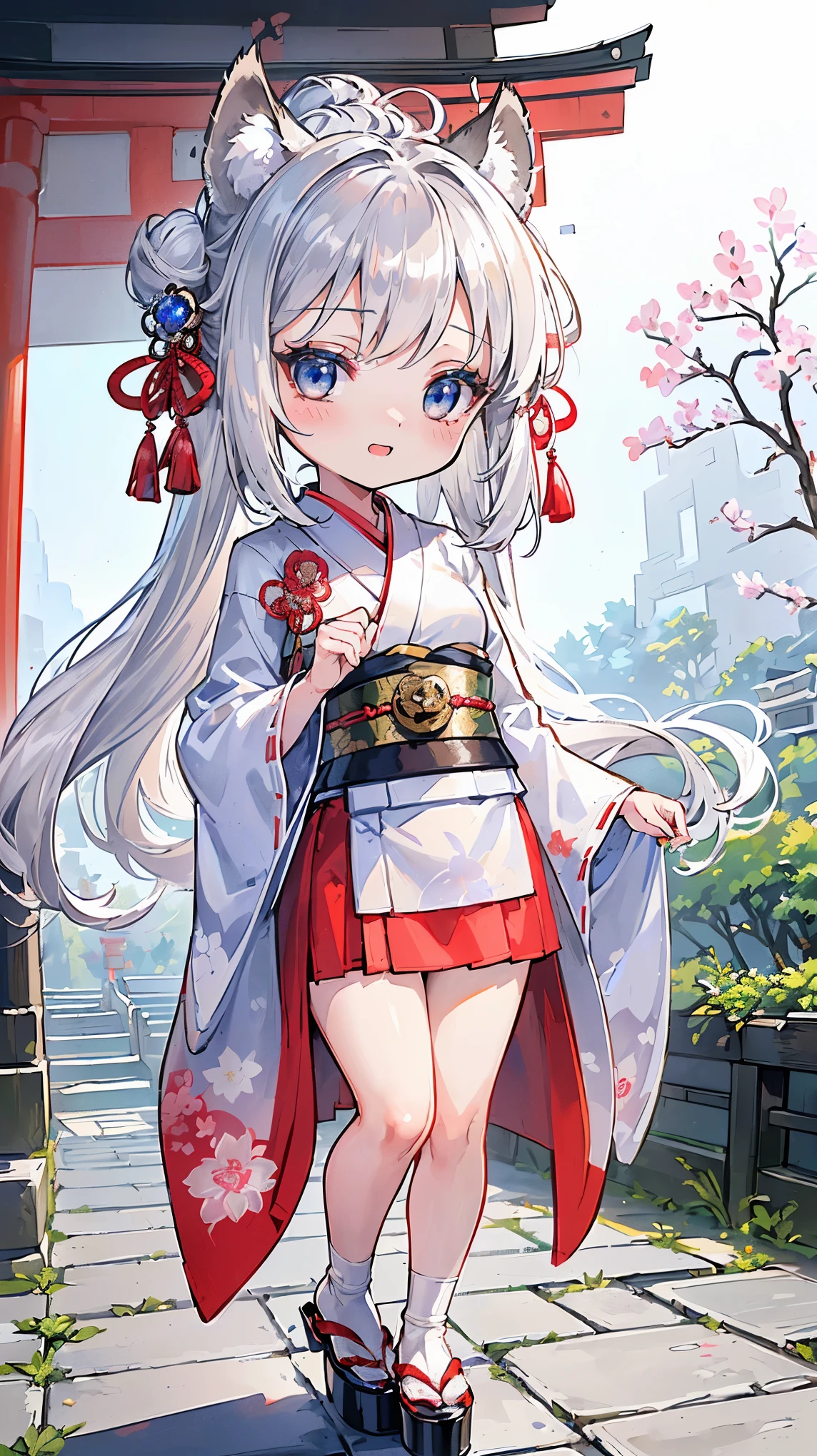 (((Masterpiece))), (((Highest quality))), ((Ultra-detailed)), ((Super fine illustration)), ((Ultra-fine painting)), (16K highest quality wallpaper:1.4), (Chibi:2.0), (Full body:1.6), HDR, (Highly detailed and delicate illustration style:1.8), Detailed skin texture, Detailed cloth texture, Extreme detailed description, (T-masterpiece), (Highly detailed face:1.2), (Highly detailed silver fox ears:1.2), (Highly detailed shiny silver half updo:1.2), (Highly detailed clear eyes:1.2), Original, RAW photo, Professional, Intricate details, Super details, Direct light:1.6, (Perfect anatomy:1.4), (Highly detailed hands:1.2), (Highly detailed fingers:1.2), (Highly detailed fingertips:1.2), (16-years-old), Real, (Solo:1.8), ((A very beautiful and cute silver fox girl who is an idol and wears a bright red long-sleeved kimono with a floral pattern:1.4)) BRAKE (Beautiful and adorable silver fox ears:1.8), (Highly detailed and delicate silver fox ears:1.4), (Beautiful and shiny silver half updo:1.6), (Highly detailed and delicate silver half updo:1.2), (Beautiful clear blue eyes that shine with great detail:1.6), (Highly detailed and delicate blue eyes:1.2), (Highly detailed face:1.4), (Smile:1.3), (Blush:1.4), (Looking at viewer:1.4), (Celebration:1.4) BRAKE (Bright red long-sleeved kimono with floral pattern:1.4), (Japanese traditional costume:1.2) BRAKE (Concept art:1.2), (Detailed fantasy art:1.2) BRAKE (Just after noon:1.4), (Very detailed and beautiful Ise Grand Shrine in Mie Prefecture just after noon in the background:1.6), (Standing in front of the torii gate:1.4), (Celebration:1.4), Ise Grand Shrine:1.4, Torii gate of Ise Shrine:1.4, Very beautiful in the sunny sky background just after noon:1.4 BRAKE