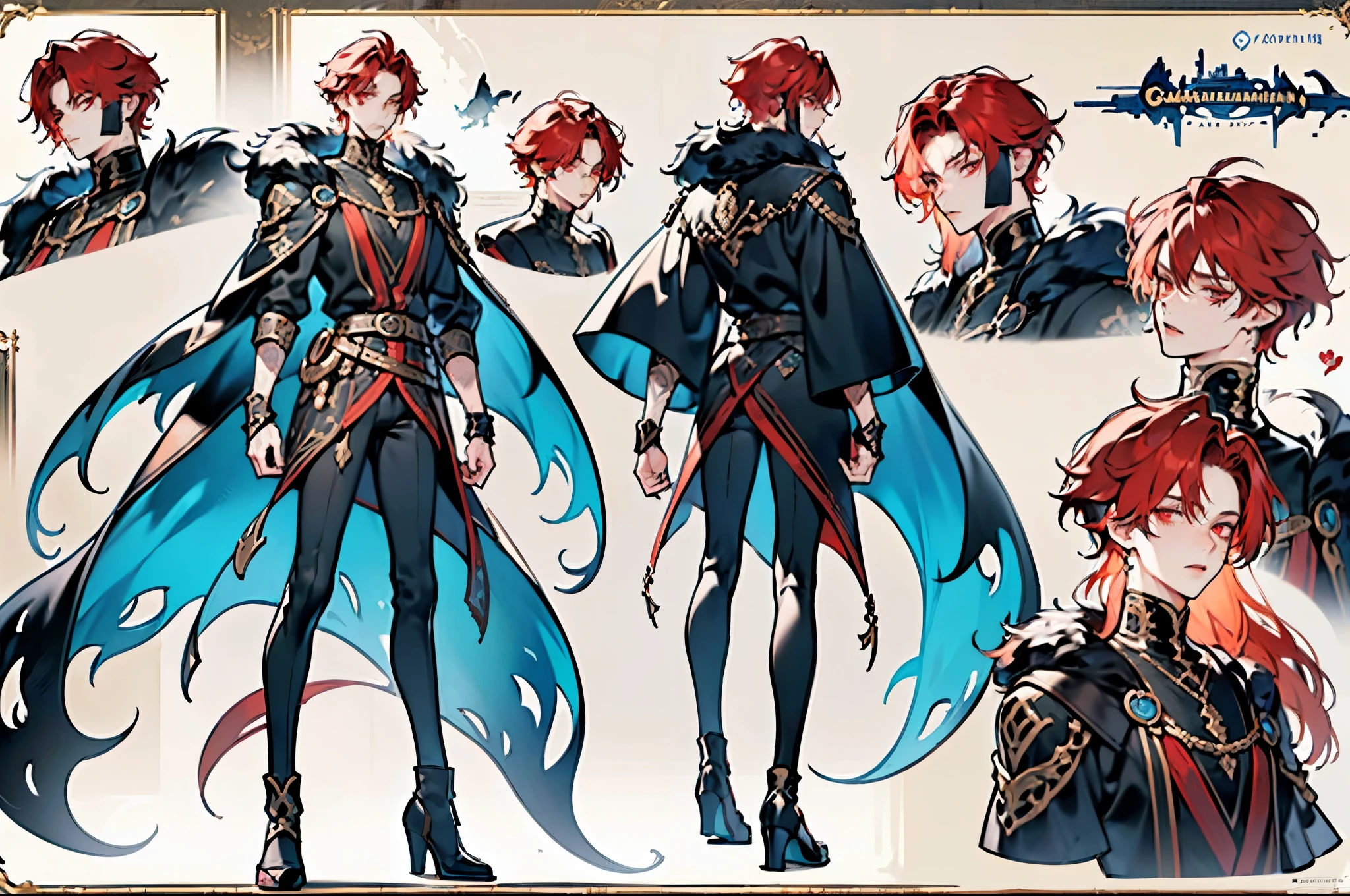 ((Masterpiece, Highest quality)), Male, boy, Detailed face, character design sheet,full body esbian, Full of details, frontal body view, back body view, Highly detailed, Depth, ((((dramatic))), (((gritty))), (((intense))) 1 boy, solo, peach hair, light red-haired guy, straight hair, flowing straight hair, red eyes, shirt, high boots, dark clothing, dark clothes, Scandinavia theme, Scandinavian clothes, looking at viewer, fantasy art, beautiful painting, guwaika style, epic exquisite character art, stunning characters, man, lean (reference sheet:1.5)