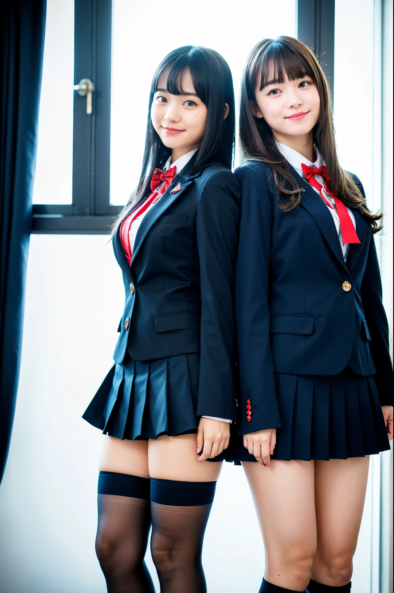 Two women in uniform standing next to each other, knee high socks, Thigh high socks, wearing skirt and high socks, overknee socks, thigh highs, thighhighs and skirt, wearing kneesocks, (fullnude:1.0)、Sharp Focus, (large full breasts:1.5)、((Show your nipple))、((No bra)),Plaid short skirt, long thin legs, pantyhose tights, Stockings, full length and white stockings