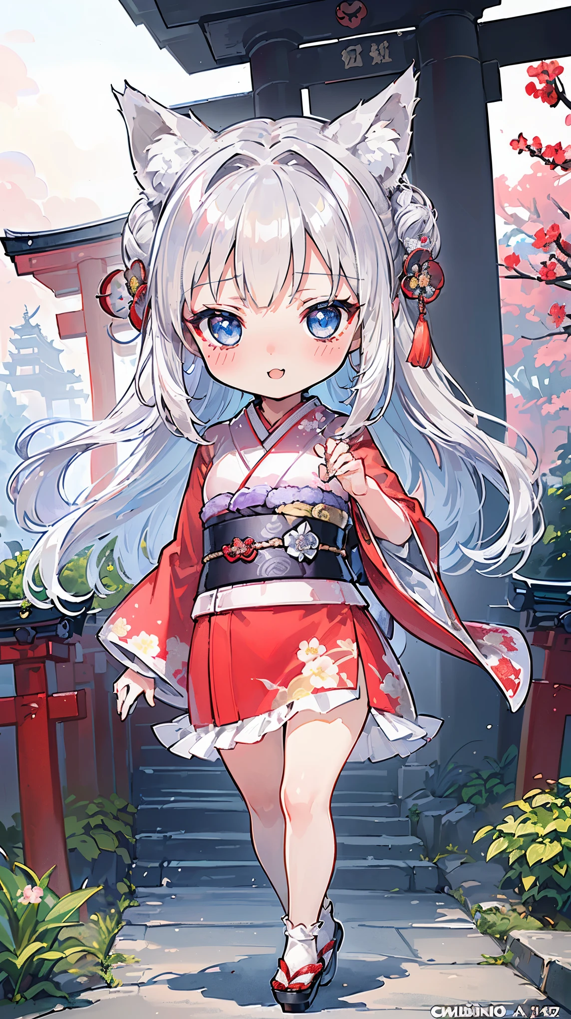 (((Masterpiece))), (((Highest quality))), ((Ultra-detailed)), ((Super fine illustration)), ((Ultra-fine painting)), (16K highest quality wallpaper:1.4), (Chibi:2.0), (Full body:1.6), HDR, (Highly detailed and delicate illustration style:1.8), Detailed skin texture, Detailed cloth texture, Extreme detailed description, (T-masterpiece), (Highly detailed face:1.2), (Highly detailed silver fox ears:1.2), (Highly detailed shiny silver half updo:1.2), (Highly detailed clear eyes:1.2), Original, RAW photo, Professional, Intricate details, Super details, Direct light:1.6, (Perfect ???????:1.4), (Highly detailed hands:1.2), (Highly detailed fingers:1.2), (Highly detailed fingertips:1.2), (16-years-old), Real, (Solo:1.8), ((A very beautiful and cute silver fox girl who is an idol and wears a bright red long-sleeved kimono with a floral pattern:1.4)) BRAKE (Beautiful and adorable silver fox ears:1.8), (Highly detailed and delicate silver fox ears:1.4), (Beautiful and shiny silver half updo:1.6), (Highly detailed and delicate silver half updo:1.2), (Beautiful clear blue eyes that shine with great detail:1.6), (Highly detailed and delicate blue eyes:1.2), (Highly detailed face:1.4), (Smile:1.3), (Blush:1.4), (Looking at viewer:1.4), (Celebration:1.4) BRAKE (Bright red long-sleeved kimono with floral pattern:1.4), (Japanese traditional costume:1.2) BRAKE (Concept art:1.2), (Detailed fantasy art:1.2) BRAKE (Just after noon:1.4), (Very detailed and beautiful Ise Grand Shrine in Mie Prefecture just after noon in the background:1.6), (Standing in front of the torii gate:1.4), (Celebration:1.4), Ise Grand Shrine:1.4, Torii gate of Ise Shrine:1.4, Very beautiful in the sunny sky background just after noon:1.4 BRAKE