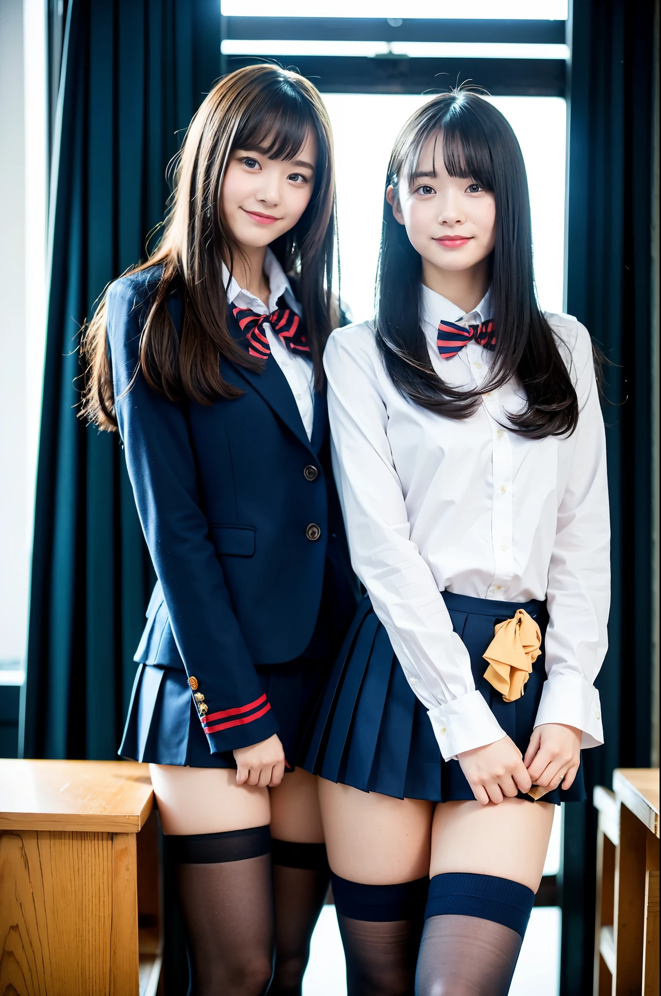 2 girls standing in classroom near window,navy blue blazer,red bow tie,navy blue pleated skirt,over-the-knee socks,18-year-old,bangs,a little smile,thighs,knees,straight hair with barrette,from below,front-light