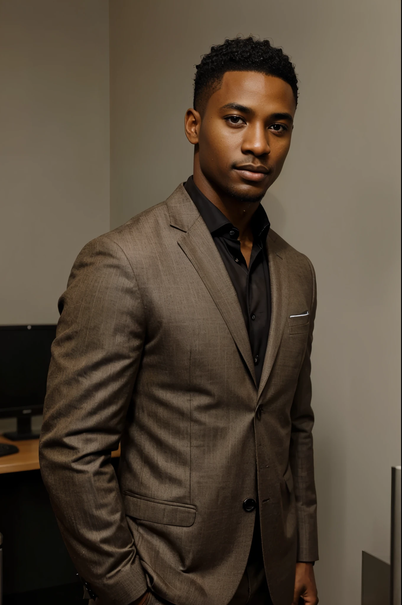 Handsome brown skin african-american man, in professional attire, professional pose, highly detailed, detailed, professional shot, neatly cut hair, mid-thirties