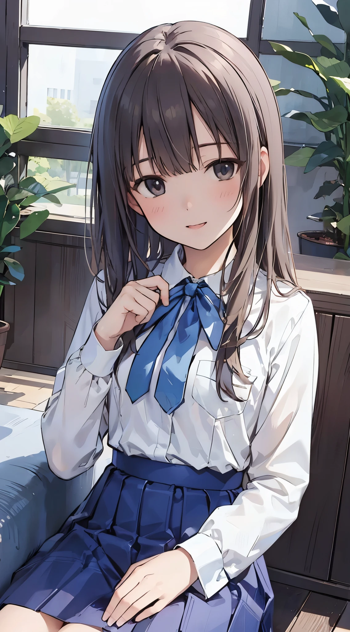 best quality, ultra high res, (photorealistic:1.4),(detailed face),(happy),(sleepy face:0.99), (small breasts),(hentai,white shirts,blue skirt),yukarihan,long hair,bang,