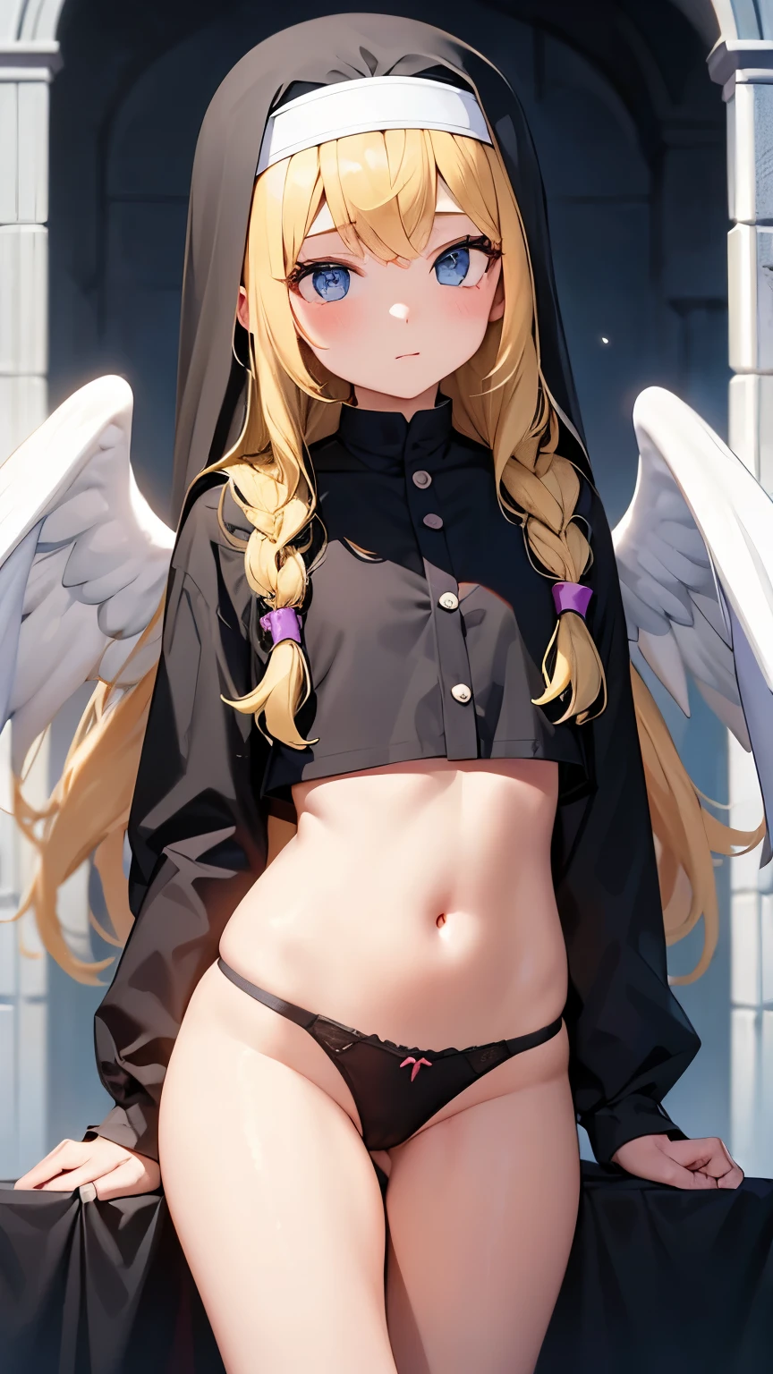 Ultra realistic   girl 8 years old,   body  , long blonde hair frinje braided , nun ,  seios  planos  ,   , pantie  , menacing  face , angel wings  ,  dungeon  .