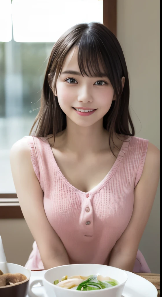 table top, highest quality, 8K, 15 year old student, Ten generations, RAW photo, absurd, award-winning portraits, smile, 恥ずかしそうなsmile, slightly opened lips、double teeth、alone, night, neon, Summer knitwear in pink color、shoulder out、chest is wide open、delicate girl, Upper body, Digital single-lens reflex camera, looking at the viewer, thin narrow eyes、slightly raised eyes、light makeup、Frank, Sophisticated, thin arms, professional lighting, film grain, chromatic aberration, (Eye and face details:1.0), (Bokeh:1.1)、clear white skin、White udder