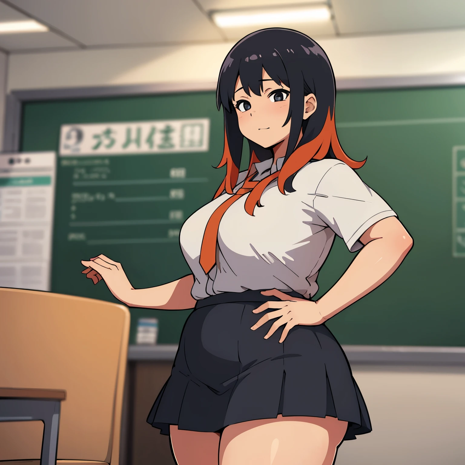 Obra maestra, ultra alta calidad, Anime illustration of a chubby and obese girl with orange hair and black eyes wearing a very tight uniform that has a skirt in a classroom 