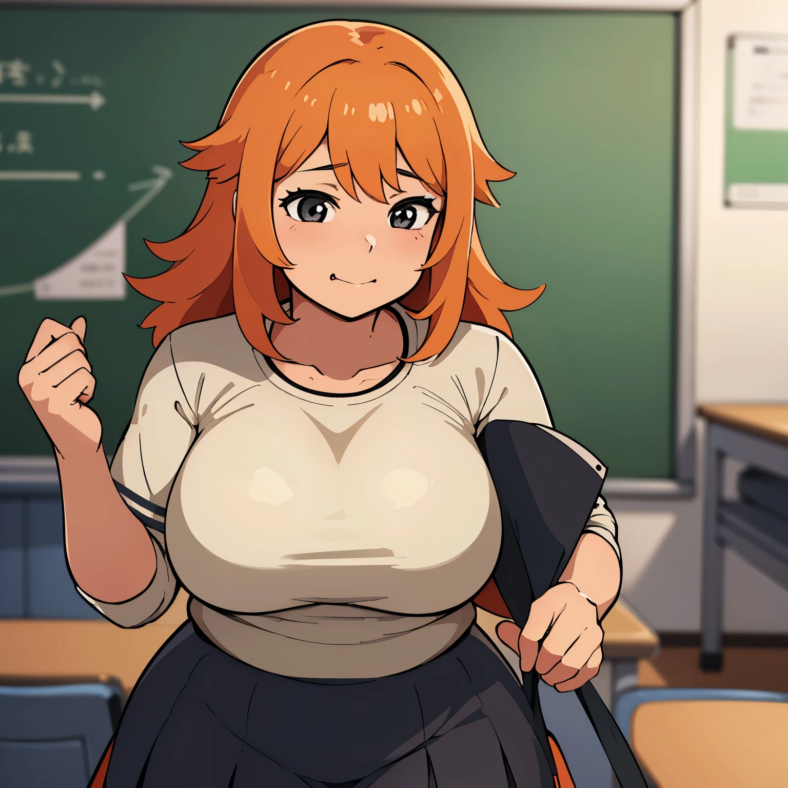 Obra maestra, ultra alta calidad, Anime illustration of a chubby and obese girl with orange hair and black eyes wearing a very tight uniform that has a skirt in a classroom 