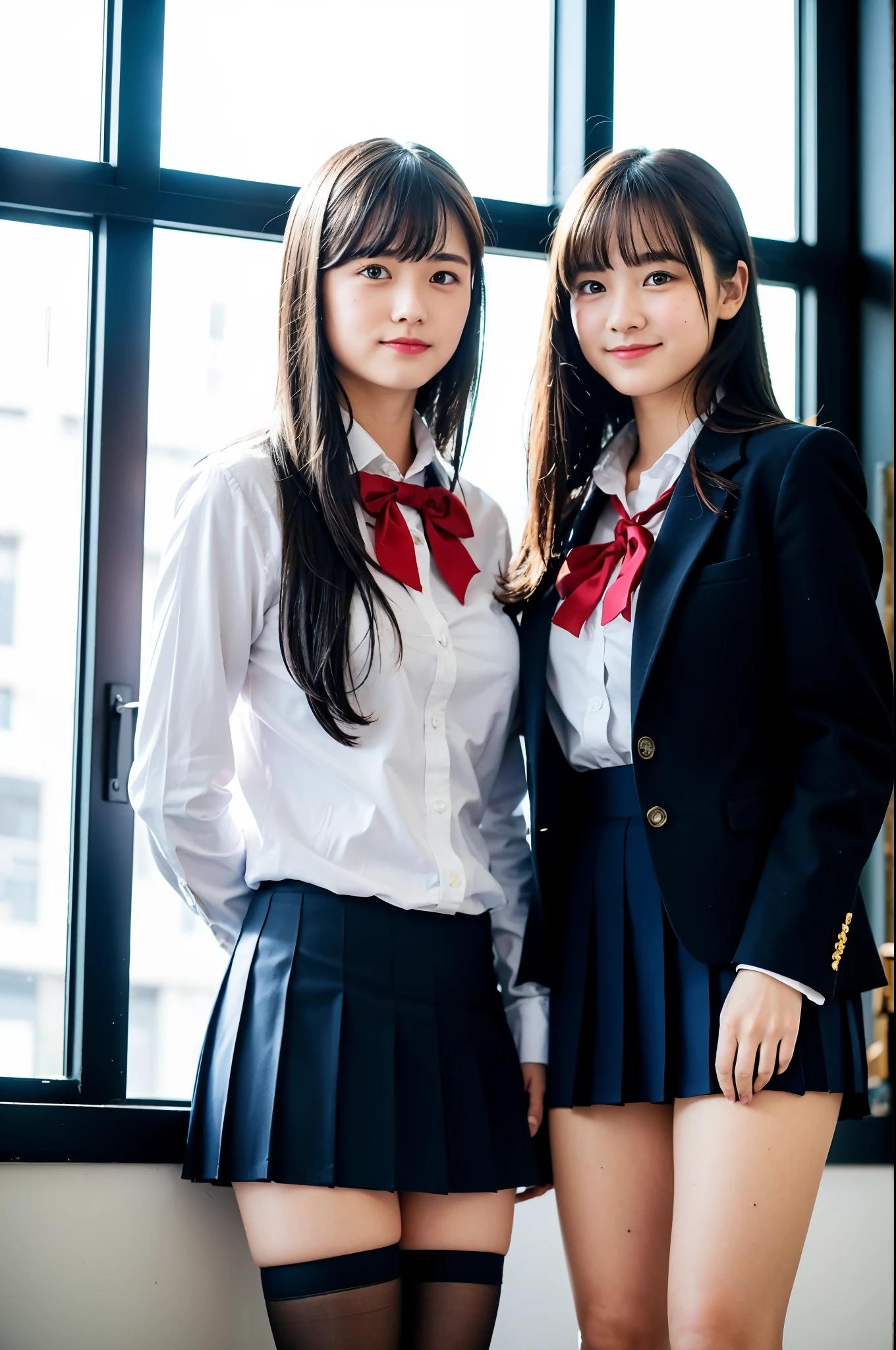 2 girls standing in classroom near window,navy blue blazer,red bow tie,navy blue pleated skirt,over-the-knee socks,18-year-old,bangs,a little smile,thighs,knees,straight hair with barrette,from below,front-light