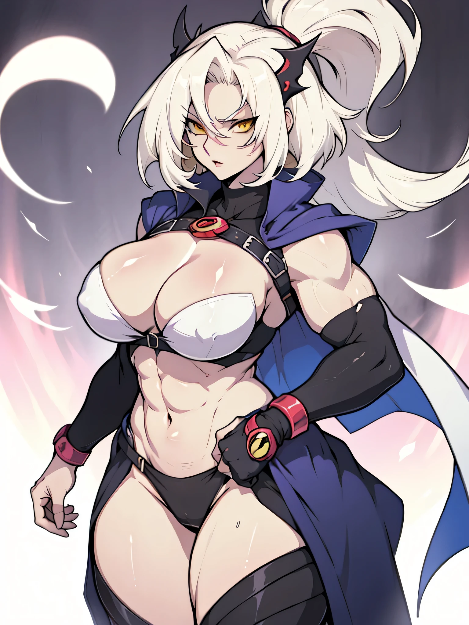 olhos amarelos musculosos seios grandes pele clara e firme, mulher, corpo nu, estilo yugioh, Monstros Yugioh, contorno branco