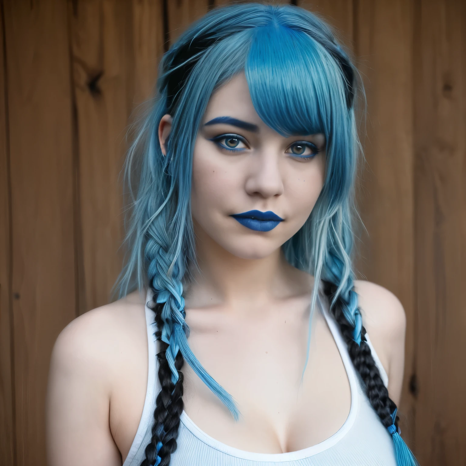Realistic photo, portrait of young alternative (((blue hair))) in braids, big breasts, no makeup (((no tattoos))), looking at the camera, wearing black top posing for a picture,