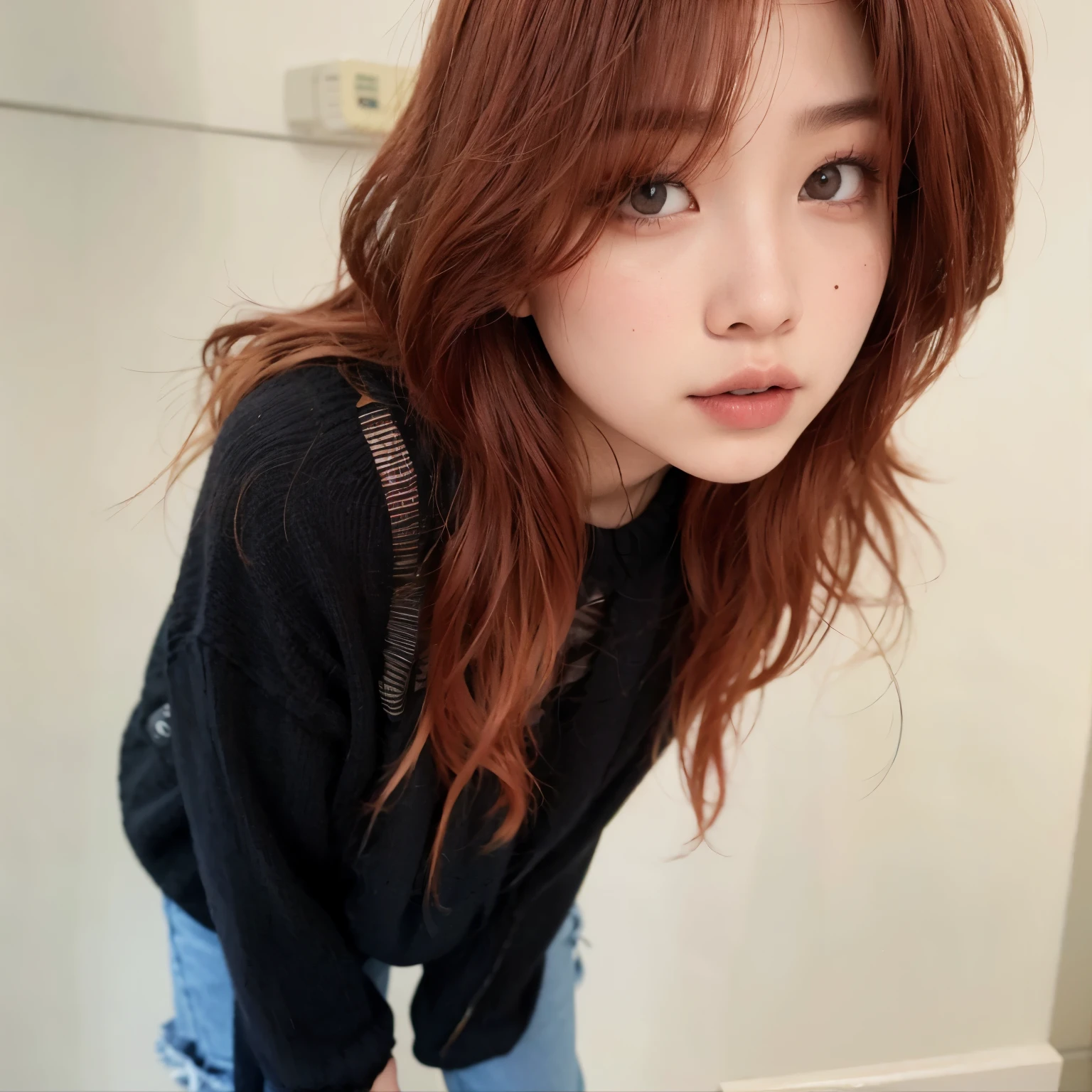 Arafed Asian woman with red hair and jeans posing for a photo., ulzzang, Jinyoung Shin, joven y adorable rostro coreano, muchacha coreana, Lalisa Manobal, pale korean adorable face, Young cute pale asian face, young asian woman, con cara redonda, hermosa joven coreana, jaeyeon nam, parque roseanne de blackpink, hermosa joven coreana