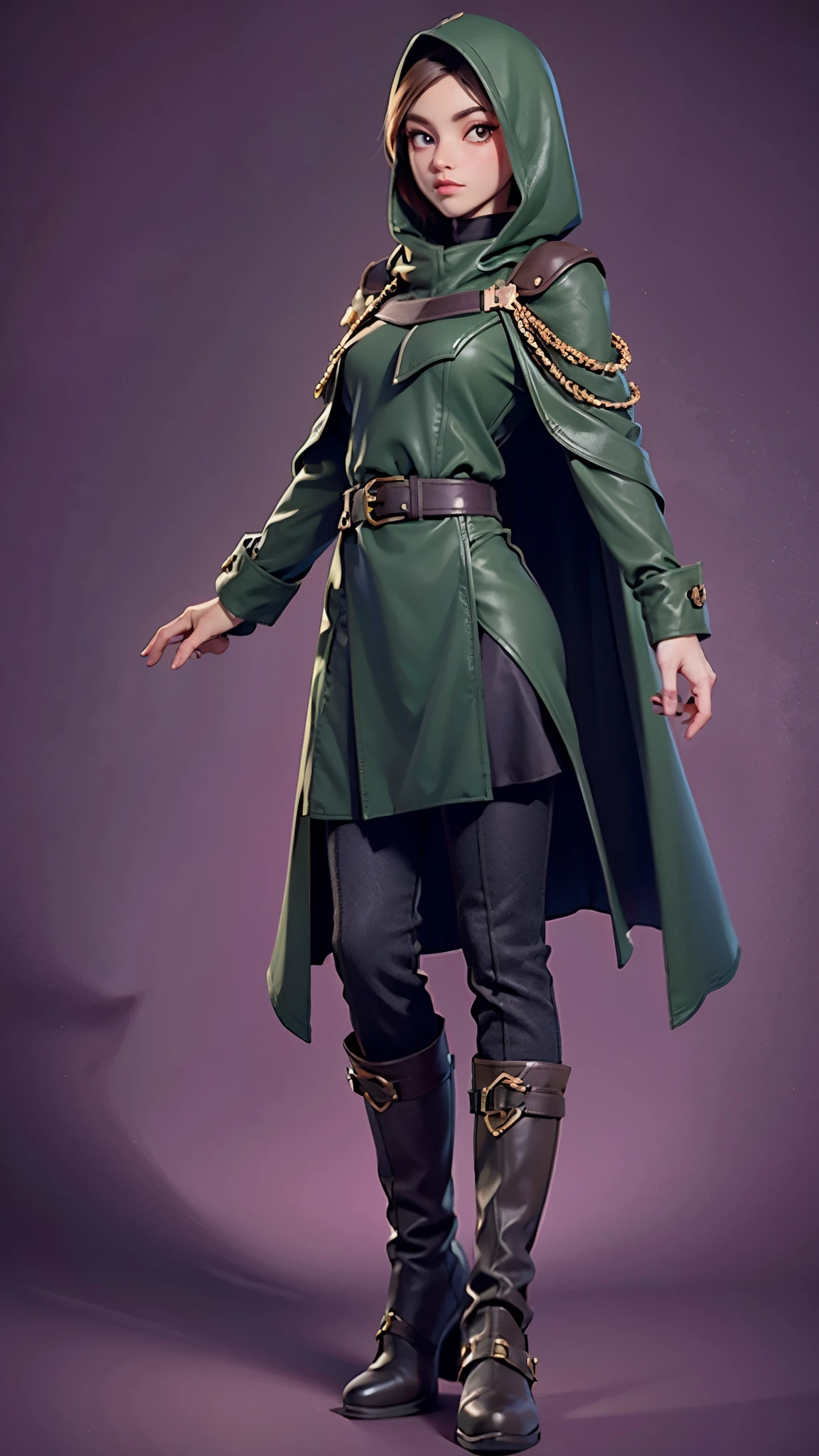 one girl, solo, full body, medieval, dark green cloak, dark green hood, dark brown leather high boots, shiny blured grey background, gradient sprayed background, front view, gradient red purple background, blured background, glowing edges of image, masterpiece, highly detailed, look at viewer, belts, shoulder-belts