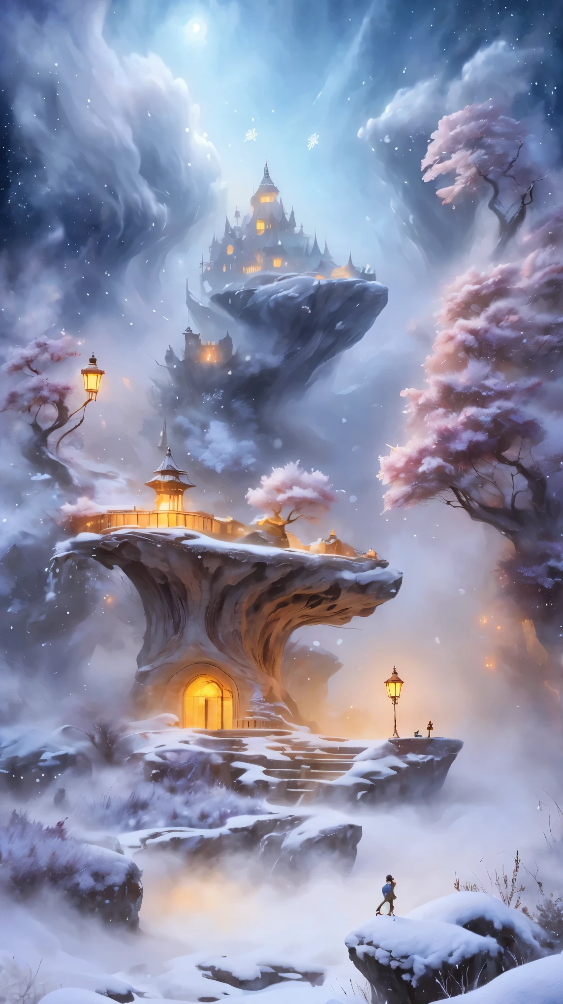 Princess的脸出现在空中，Winter scenery，Surreal wonderland，Dreamy cloud and fairy island，(big snowflake:1.3)，五颜六色的big snowflake飞舞着，Princess&#39;The palace is covered with snow，The tree of life blooms with endless vitality，Twinkling stars in the night sky，Overlapping clouds and fog，Whimsical fantasy landscape art, Beautiful Art Ultra HD 8K, 8k highly detailed digital art, Beautiful and detailed fantasy, Epic fantasy landscape, Mysterious and dreamy scenery, Magic fantasy is very detailed, magical scenery, 由big snowflake和梦幻漂浮的仙女岛组成, Detailed fantasy digital art, 8k detailed digital art