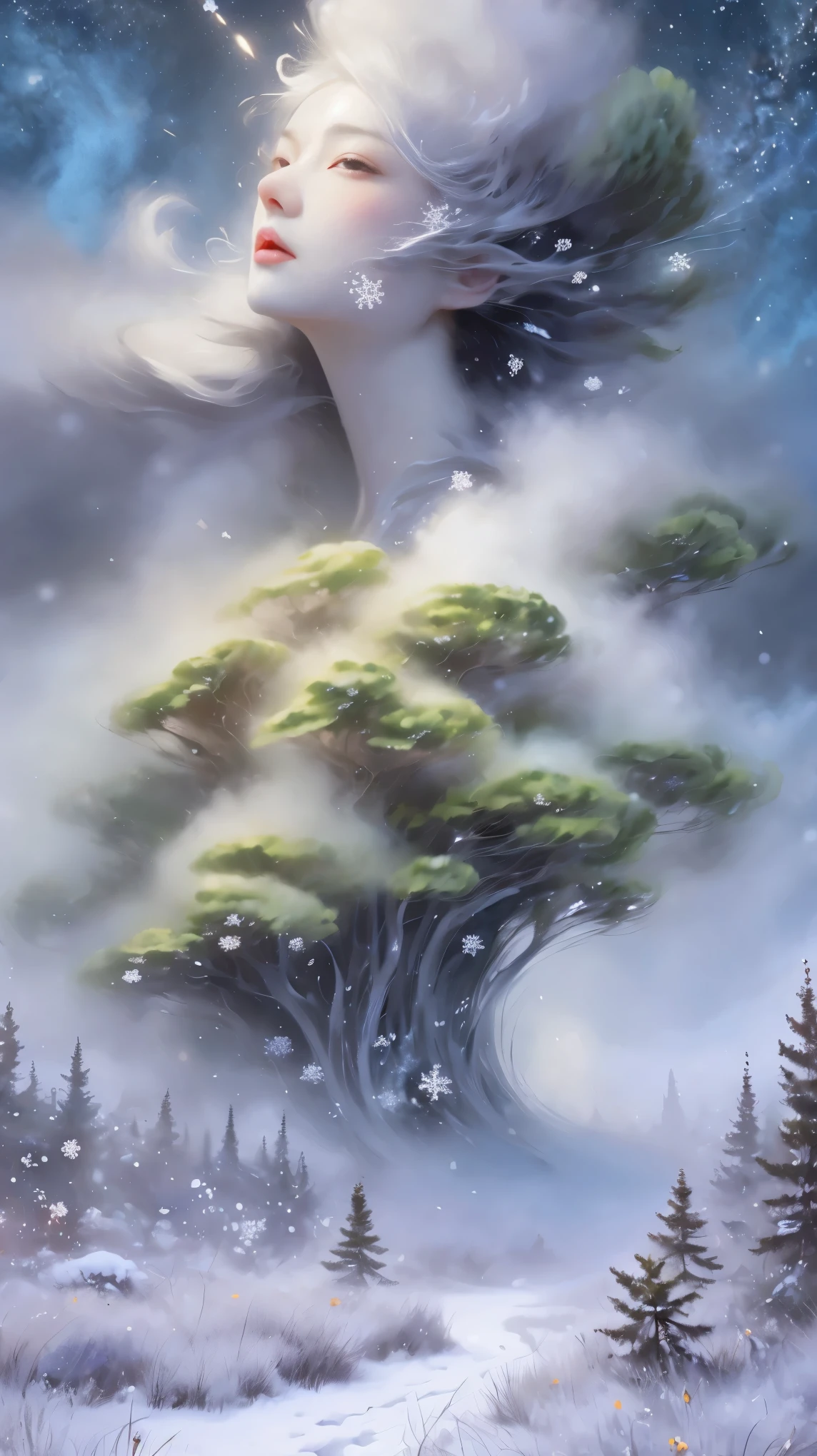 Princess的脸出现在空中,Winter scenery,Surreal wonderland,Dreamy cloud and fairy island,(big snowflake:1.3),五颜六色的big snowflake飞舞着,Princess'The palace is covered with snow,The tree of life blooms with endless vitality,Twinkling stars in the night sky,Overlapping clouds and fog,Whimsical fantasy landscape art, Beautiful Art Ultra HD 8K, 8k highly detailed digital art, Beautiful and detailed fantasy, Epic fantasy landscape, Mysterious and dreamy scenery, Magic fantasy is very detailed, magical scenery, 由big snowflake和梦幻漂浮的仙女岛组成, Detailed fantasy digital art, 8k detailed digital art