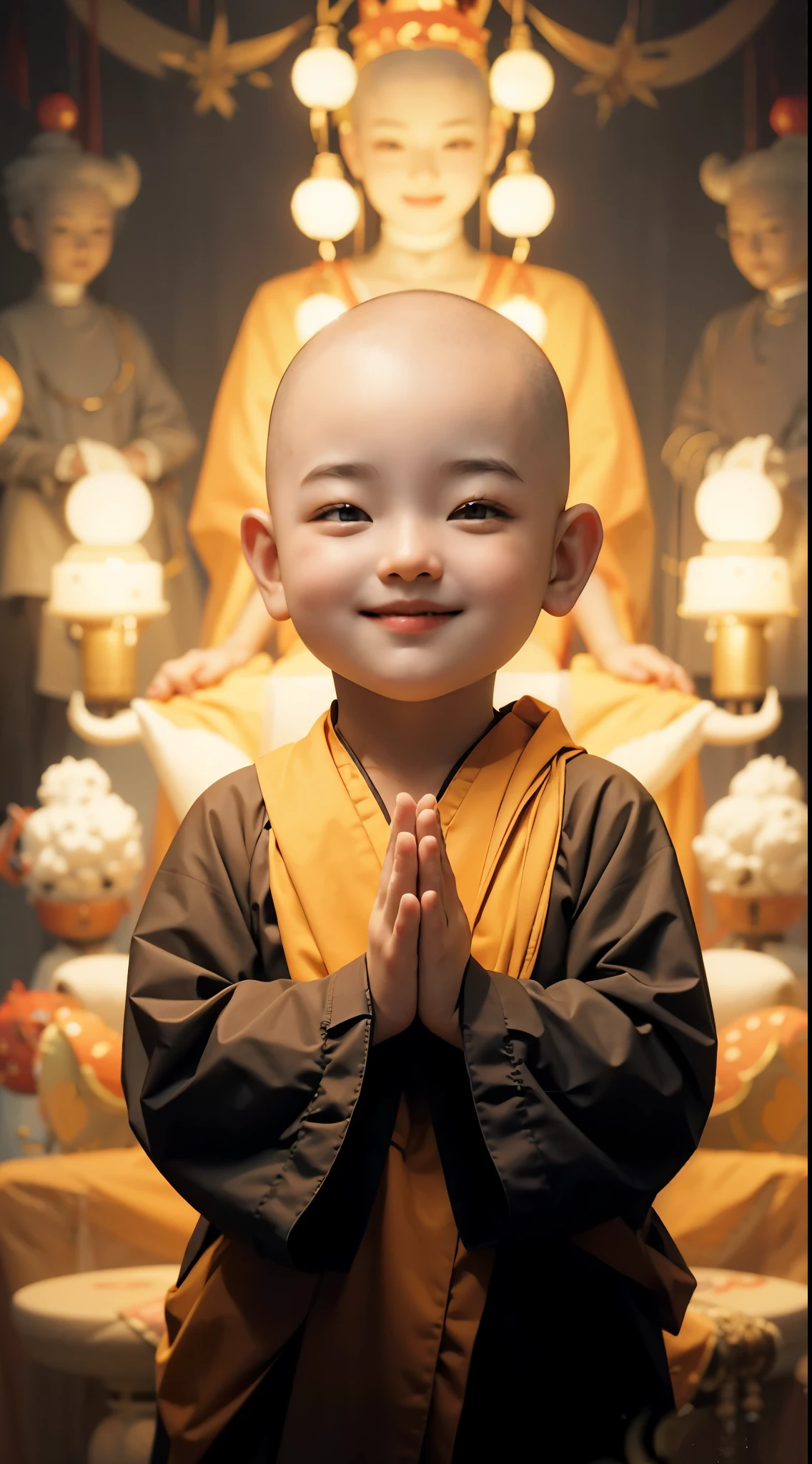 3 year old bald monk，wearing white monk&#39;s robes，fat little face，Big round eyes，High legs of the nose，With a smile，His hands folded，sit cross-legged。Lotus pattern on background。k hd