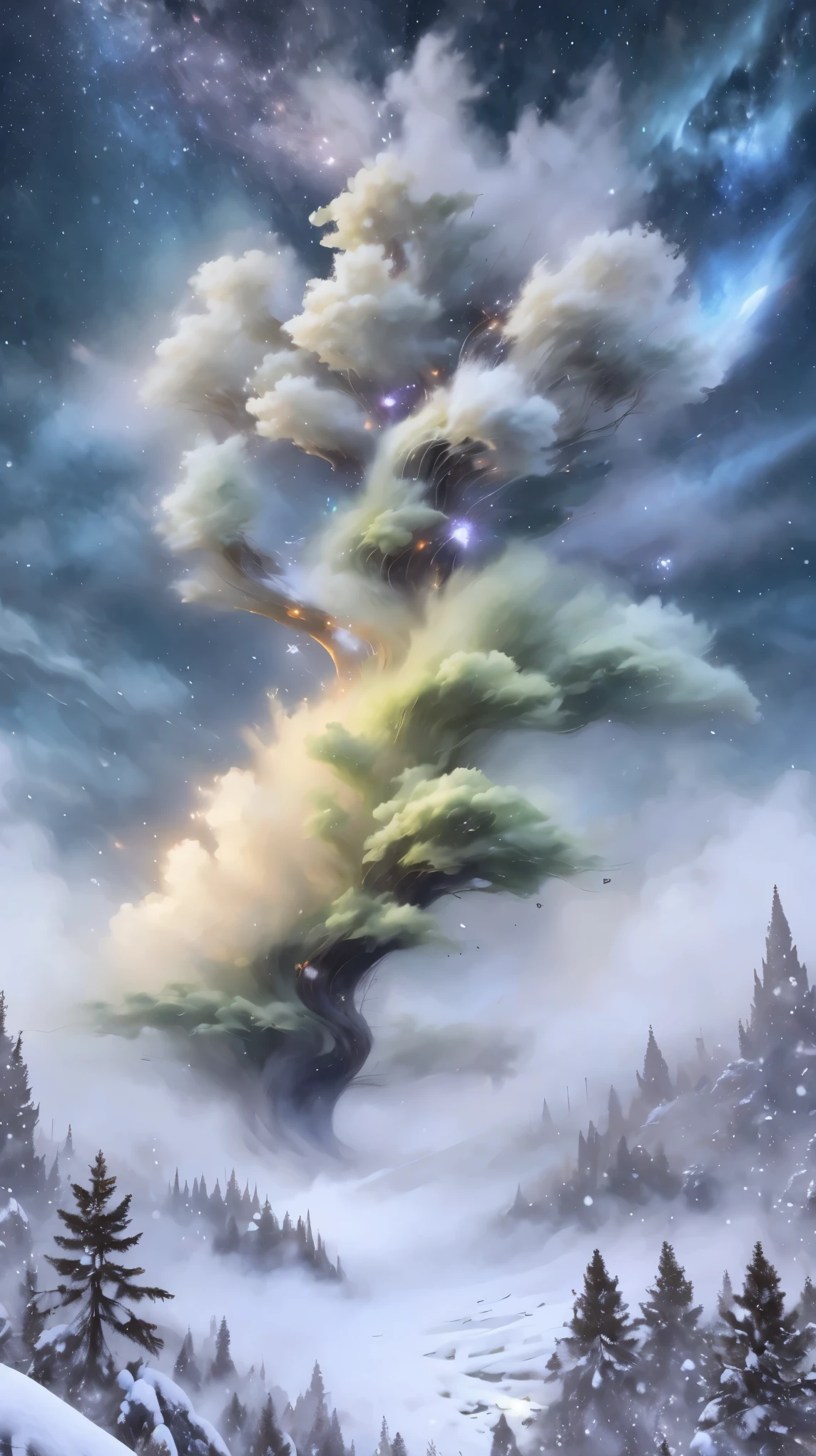 Princess的脸出现在空中，Winter scenery，Surreal wonderland，Dreamy cloud and fairy island，(big snowflake:1.3)，五颜六色的big snowflake飞舞着，Princess&#39;The palace is covered with snow，The tree of life blooms with endless vitality，Twinkling stars in the night sky，Overlapping clouds and fog，Whimsical fantasy landscape art, Beautiful Art Ultra HD 8K, 8k highly detailed digital art, Beautiful and detailed fantasy, Epic fantasy landscape, Mysterious and dreamy scenery, Magic fantasy is very detailed, magical scenery, 由big snowflake和梦幻漂浮的仙女岛组成, Detailed fantasy digital art, 8k detailed digital art