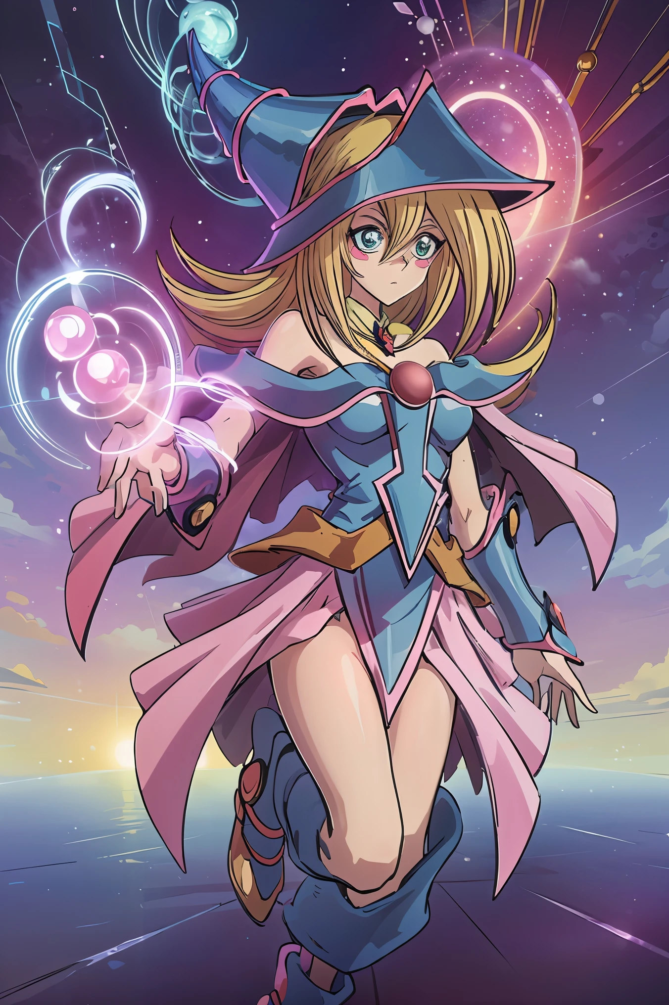 Dark magician gils. Cabello rubio y largo. Ojos azules. Labios rojos. Levitating above a circle of magic. Energy heart in the air. Pose de piernas levantadas. Pose sensual y inocente. Efectos de hechizos en las manos. 