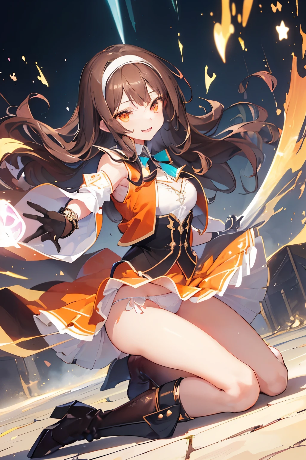 (((1girl))), ((best quality)), ((masterpiece)), ((ultra-detailed)), (illustration), (detailed light), (an extremely delicate and beautiful), (beautiful detailed eyes), (sunlight), ((extremely light)), ((extremely clothes)), (((hyper detail))),(((((front lighting))))),(((((front light))))),
((((quite adorable and sexy Warock's robe with a blous, vest and a brief skirt and magical hairband))), (((Expert Warock))),
,
(((wavy long hair))), ((((dark brown hair)))), (((long hair))),
(((dark orange eyes))),
((((whole body)))), aged 16 to 18, ((((())))), ((((very adorable young girl)))),
((condescending expression)), ((mischievous smile with sexual satisfaction)), (((extra adorable))), (((((extra slender shape))))),
(((((extremely beautiful detailed face))))),
(((dynamically and bravely standing and attacking enemies by a spell of dancing swords))), (((elegant magic boots))), (((surrounded by many swords))),
(Dutch angle), (((elegant magic gloves))), ((transparent magical underskirt)), a little bit exposed adorable magical panties
