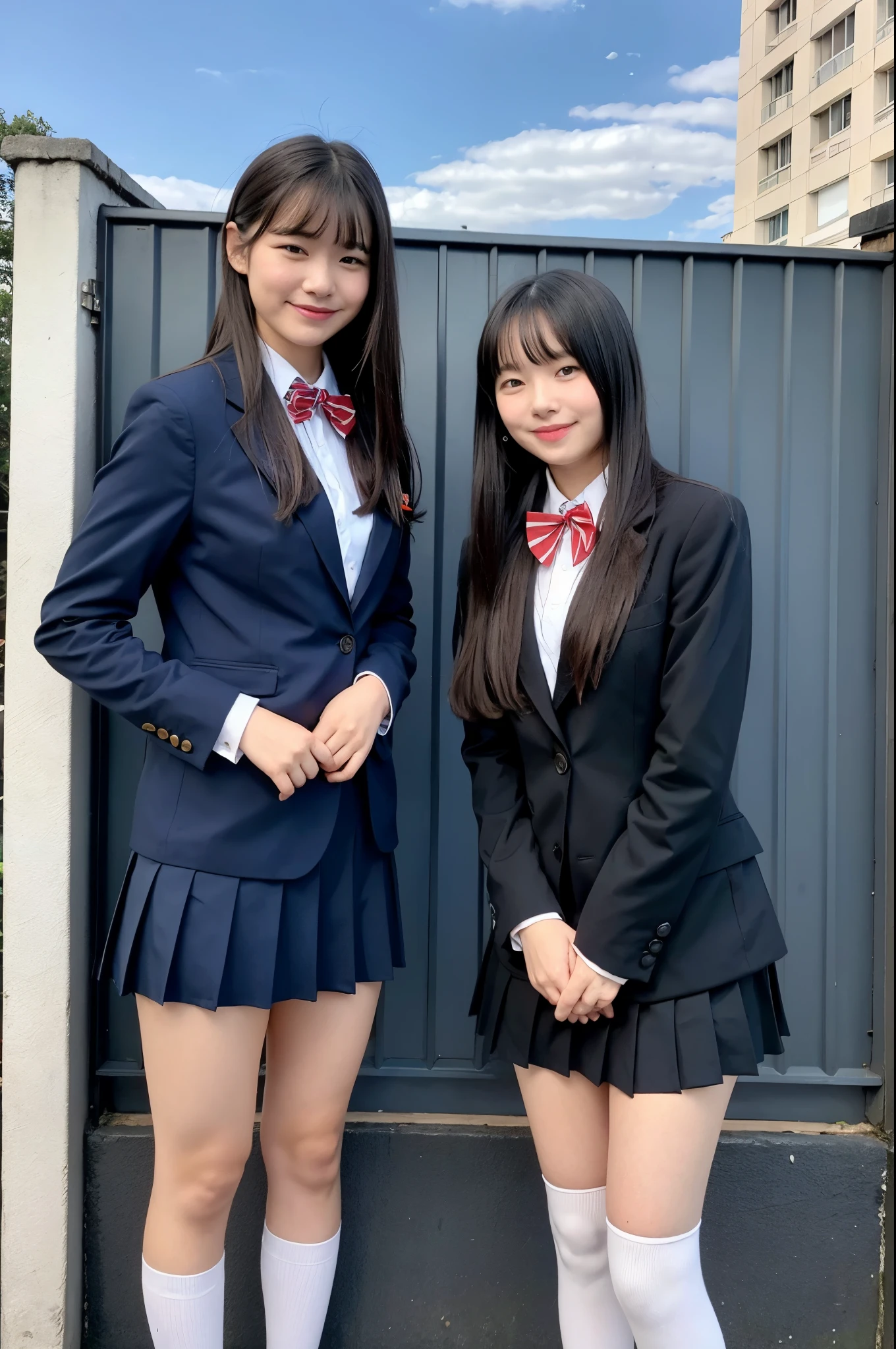 girls standing in front of school gate,navy blue blazer,white shirt with red bow tie,navy blue pleated skirt,navy blue knee-high socks,school bag,18-year-old,bangs,a little smile,thighs,knees,straight hair with barrette,from below,front-light