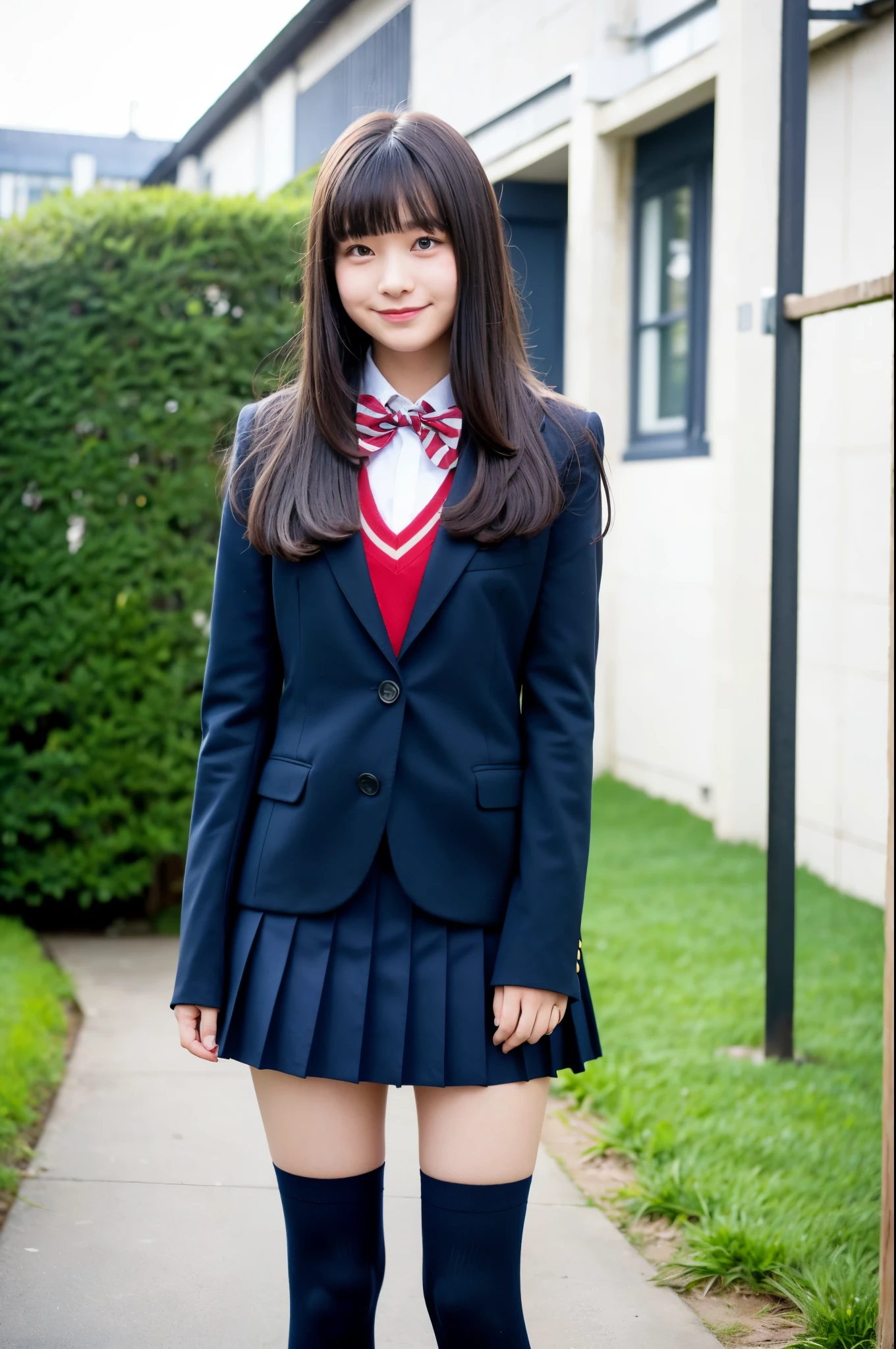 girls standing school yard,navy blue blazer,white shirt with red bow tie,navy blue pleated skirt,navy blue knee-high socks,school bag,18-year-old,bangs,a little smile,thighs,knees,straight hair with barrette,from below,front-light