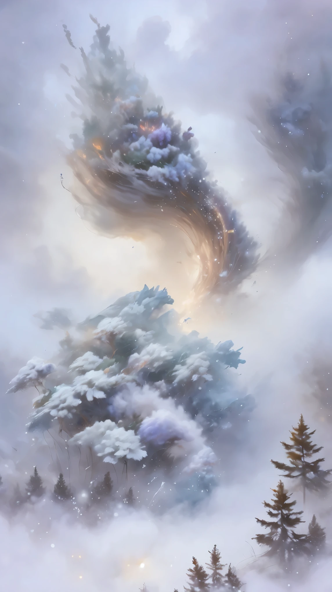 Princess的脸出现在空中,Winter scenery,Surreal wonderland,Dreamy cloud and fairy island,(big snowflake:1.3),五颜六色的big snowflake飞舞着,Princess'The palace is covered with snow,The tree of life blooms with endless vitality,Twinkling stars in the night sky,Overlapping clouds and fog,Whimsical fantasy landscape art, Beautiful Art Ultra HD 8K, 8k highly detailed digital art, Beautiful and detailed fantasy, Epic fantasy landscape, Mysterious and dreamy scenery, Magic fantasy is very detailed, magical scenery, 由big snowflake和梦幻漂浮的仙女岛组成, Detailed fantasy digital art, 8k detailed digital art