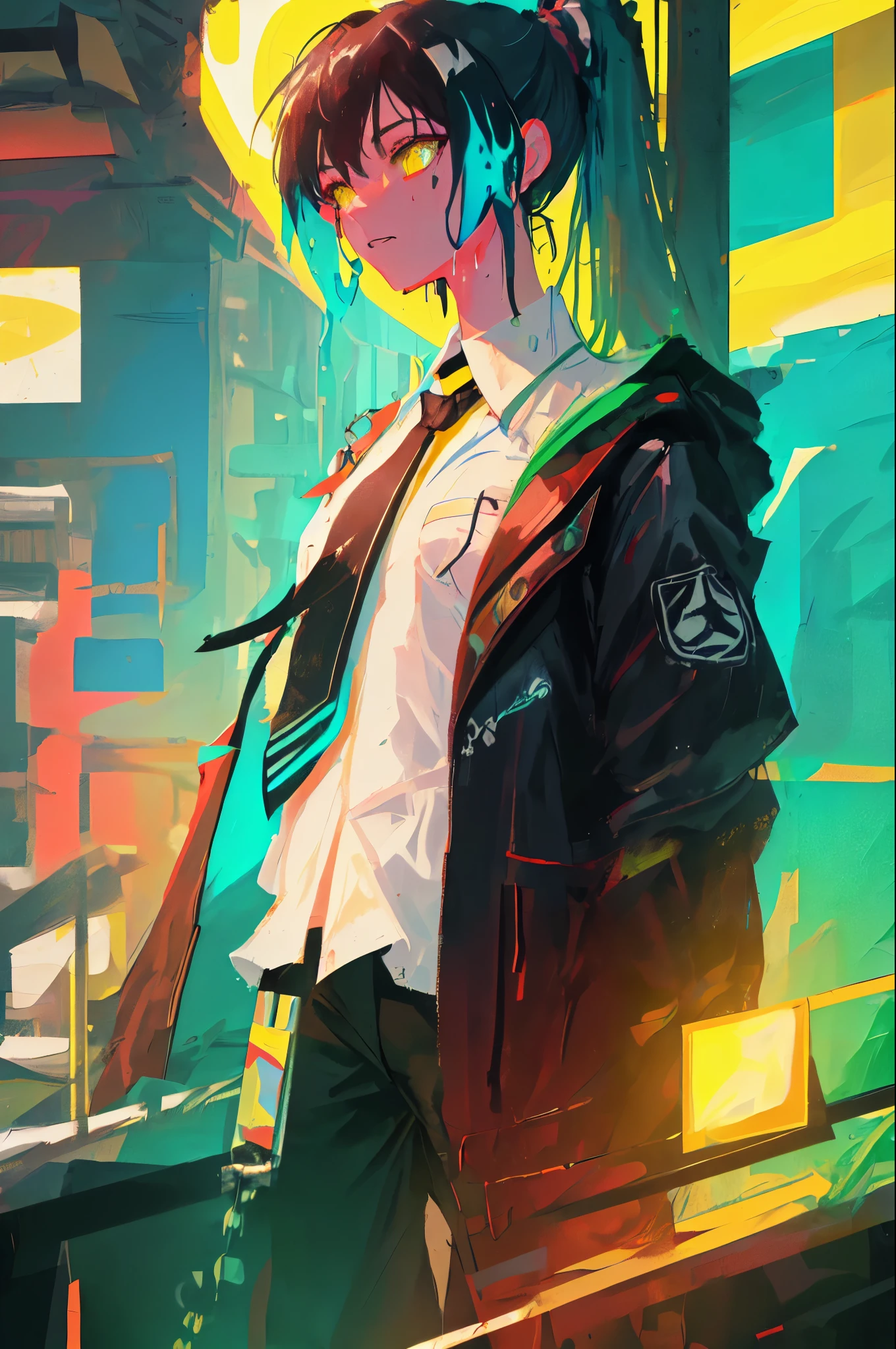 Masterpiece, Highest Quality, Realistic, Subsurface Scattering, Chromatic Lighting, Colorized, Red + Yellow + Green + Blue Limited Color Palette, Detailed Concept Drawing, Line-Art, Illustration, Cyberpunk, 18yo 1 Girl, Extrovert, Ponytail Hair, Punk Outfit, Necktie, Pleated, America City, Club, People, Wet Detailed Background, (CLOSE UP)