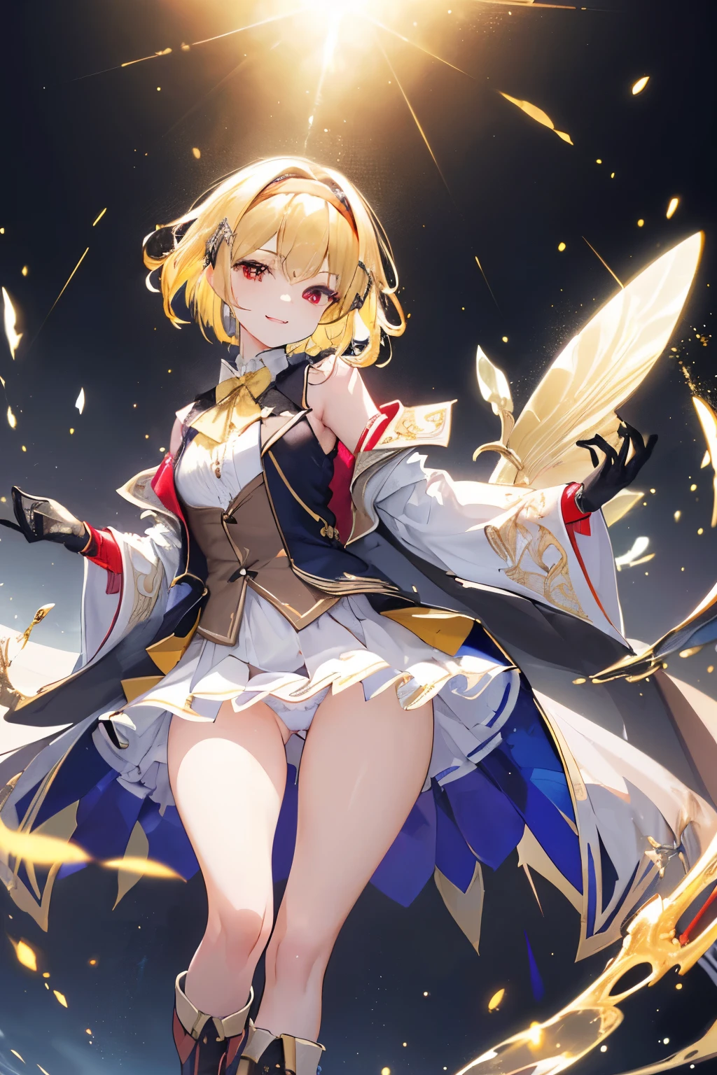 (((1girl))), ((best quality)), ((masterpiece)), ((ultra-detailed)), (illustration), (detailed light), (an extremely delicate and beautiful), (beautiful detailed eyes), (sunlight), ((extremely light)), ((extremely clothes)), (((hyper detail))),(((((front lighting))))),(((((front light))))),
((((quite adorable and sexy Wizard's robe with a blous, vest and a brief skirt and magical hairband))), (((Expert Wizard))),
,
(((wavy short manish bob))), ((((yellow gold hair)))), (((short hair))),
(((deep red eyes))),
((((whole body)))), aged 14 to 16, ((((())))), ((((very adorable young girl)))),
((condescending expression)), ((mischievous smile with sexual satisfaction)), (((extra adorable))), (((((extra slender shape))))),
(((((extremely beautiful detailed face))))),
(((dynamically and bravely standing and attacking enemies by a spell of dancing swords))), (((elegant magic boots))), (((surrounded by many swords))),
(Dutch angle), (((elegant magic gloves))), ((transparent magical underskirt)), a little bit exposed adorable magical panties