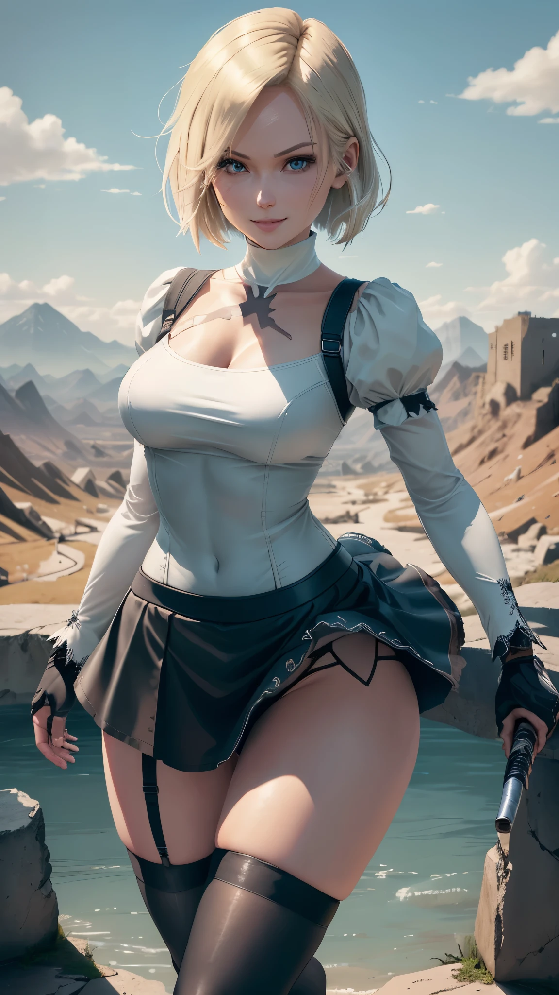 1girl,18yo,good anatomy, masterpiece, best quality,realistic, hyperrealistic, 16k hdr,,(NieR:Automata,2B),(black blindfold),(black hair band,choker,White High Leg,thigh high boots,Blake Black Skirt,black thigh high socks,Knee-high boots,Cleavage cut,cutting of clothes,high heels,long sleeve),bob cut,silver hair, large breasts,cameltoe,gorgeous panty,dynamic pose,spread legs,outdoor,strong wind,,thong,leaning forward,from below,sexy pose